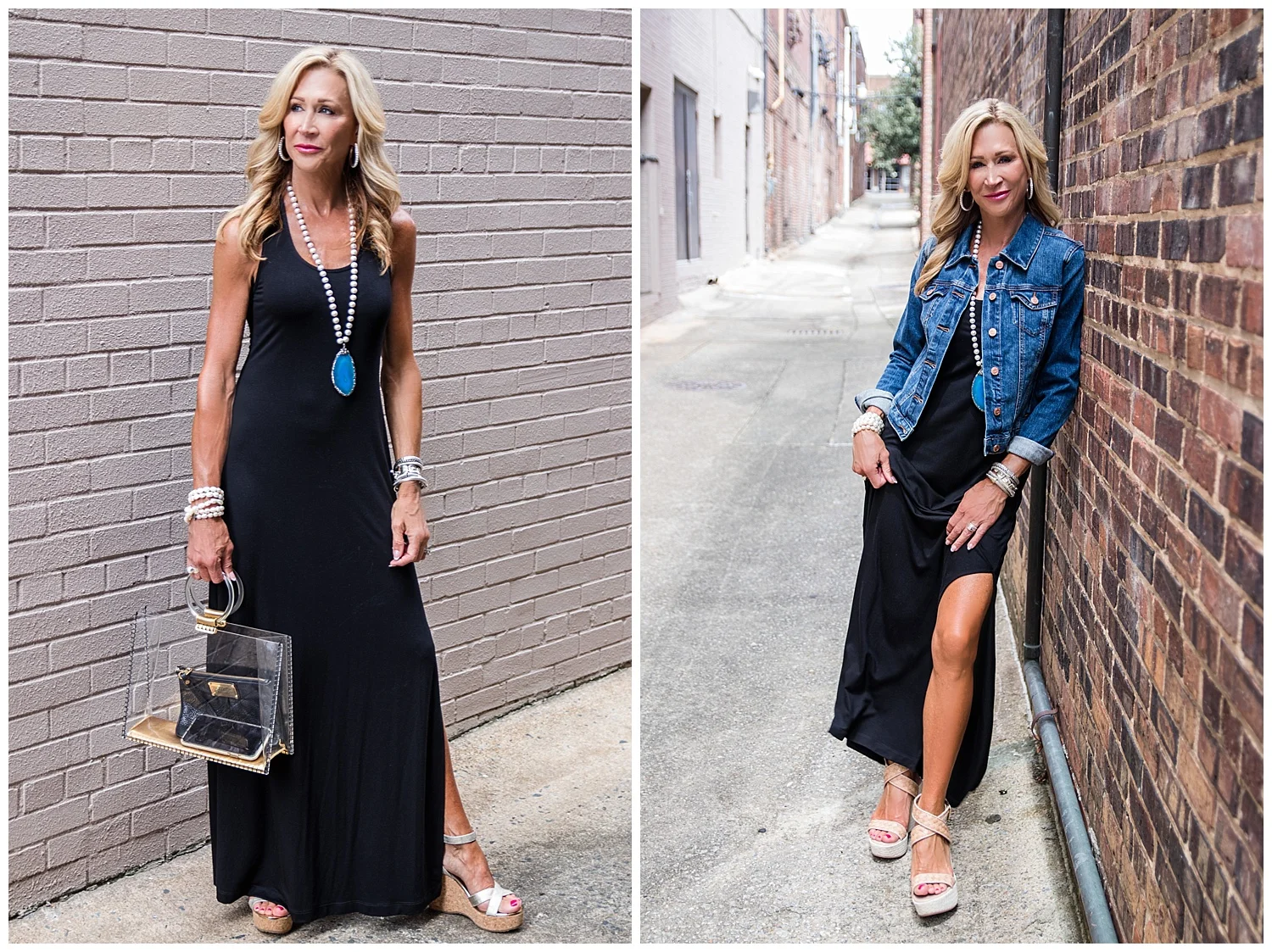 black dress with denim jacket Black Maxi Dress + Denim Jacket