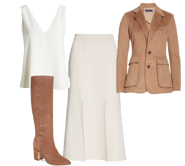 camel and white outfit