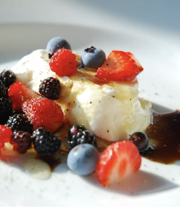 Burrata with Garden & Wild Berries, Honey, Balsamic and Fresh Ground Pepper - Cray Blonde Life