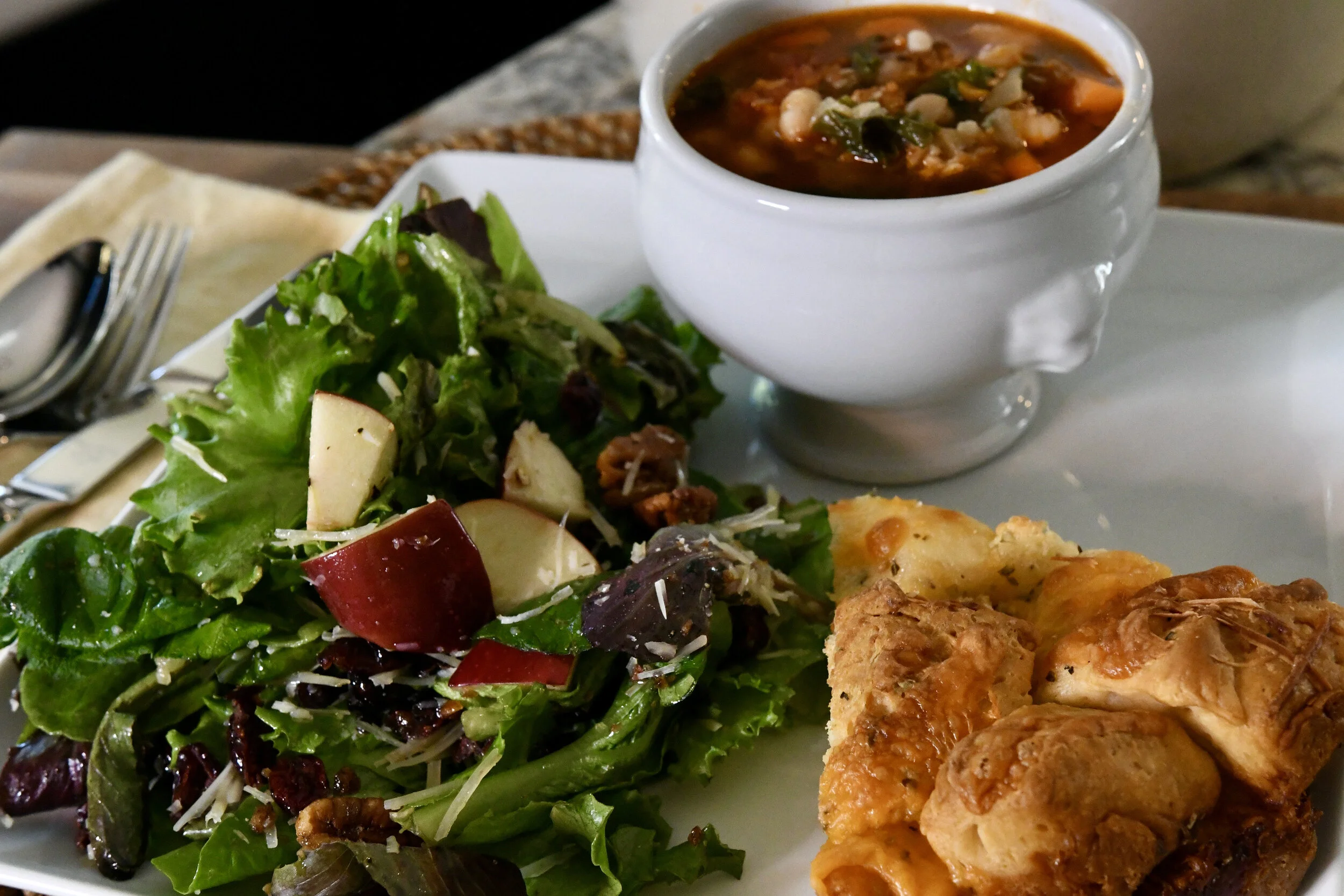 Spicy Sausage, Kale & White Bean Soup with Salad and Cheesy Monkey Bread - Crazy Blonde Life