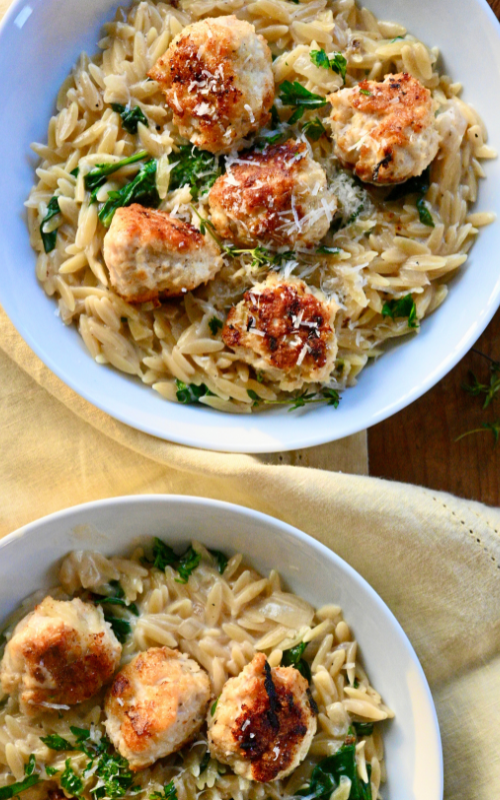 Chicken Meatballs with Creamy Spinach Parmesan Orzo