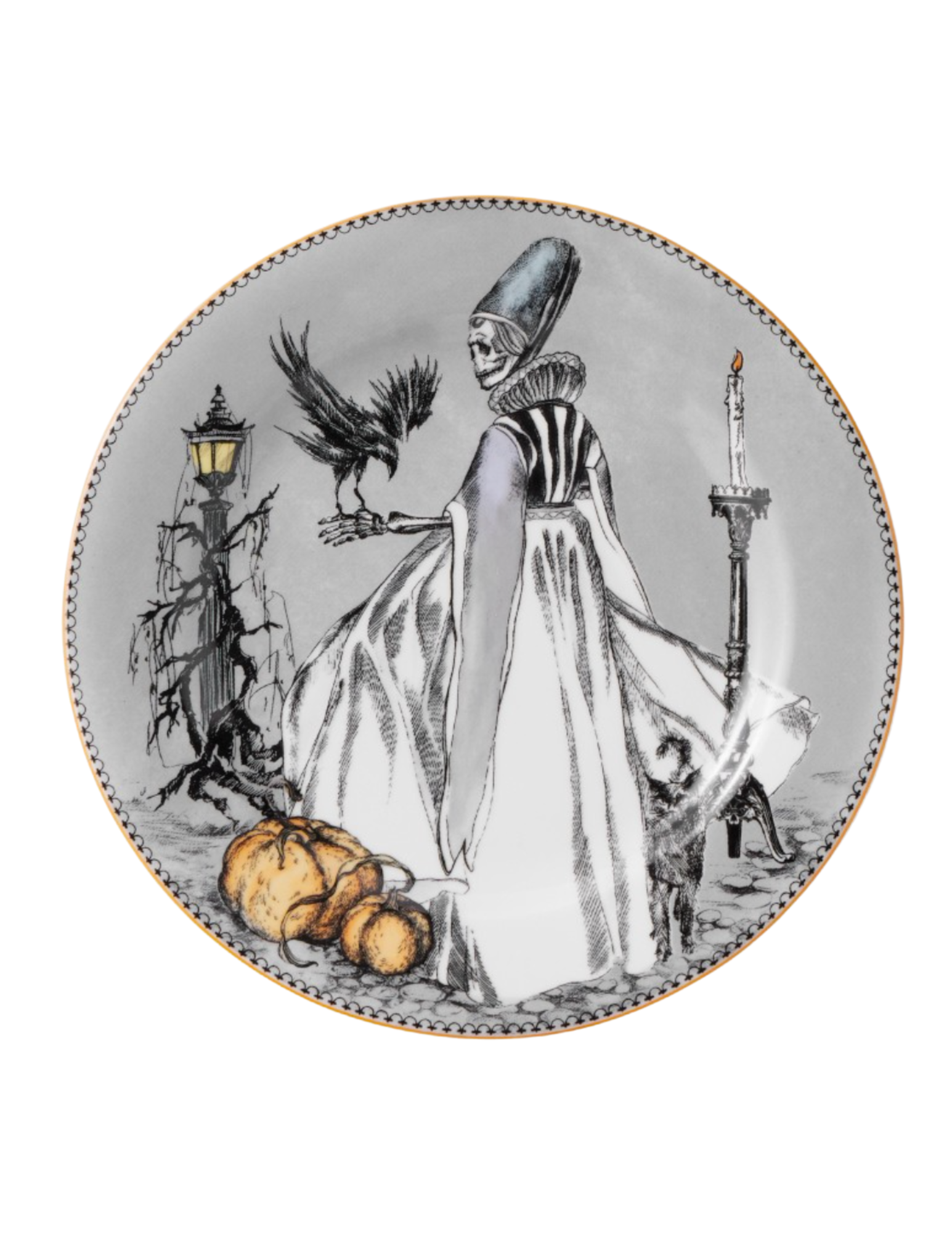 A decorative plate featuring a spooky Halloween-themed illustration of a skeleton dressed in elegant clothing, holding a candle and a bird, with pumpkins, a lamp post, and a candle on a stand in the background.