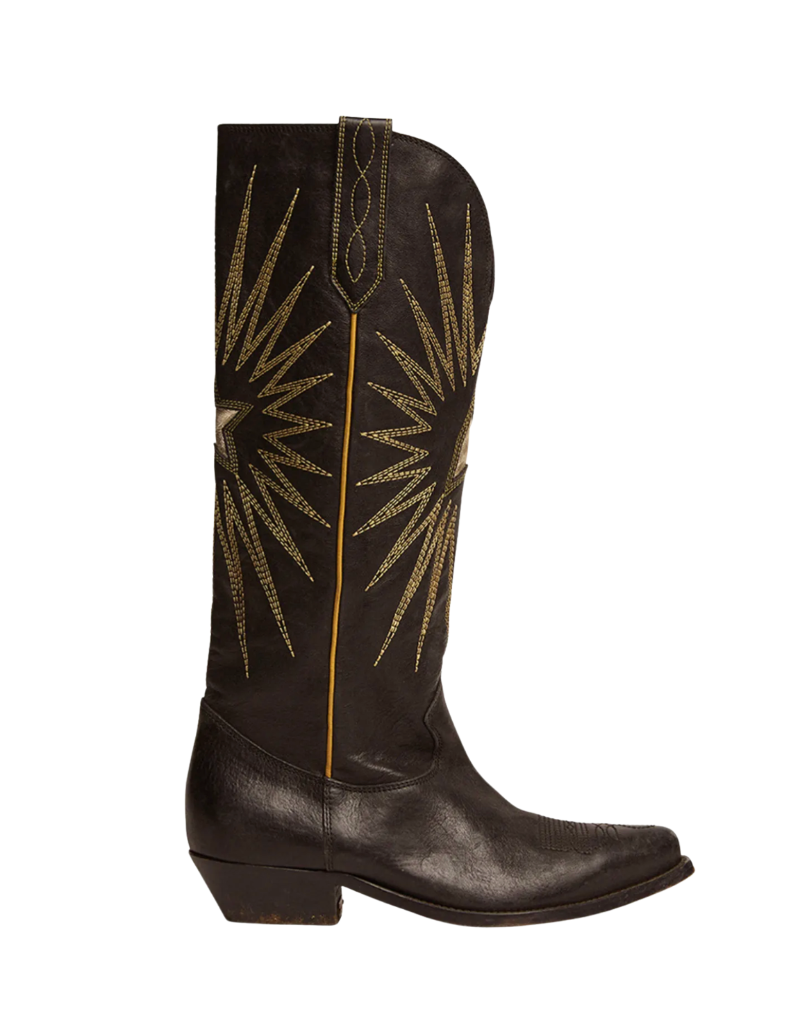 A black cowboy boot with decorative yellow stitching in a starburst pattern and a low heel.