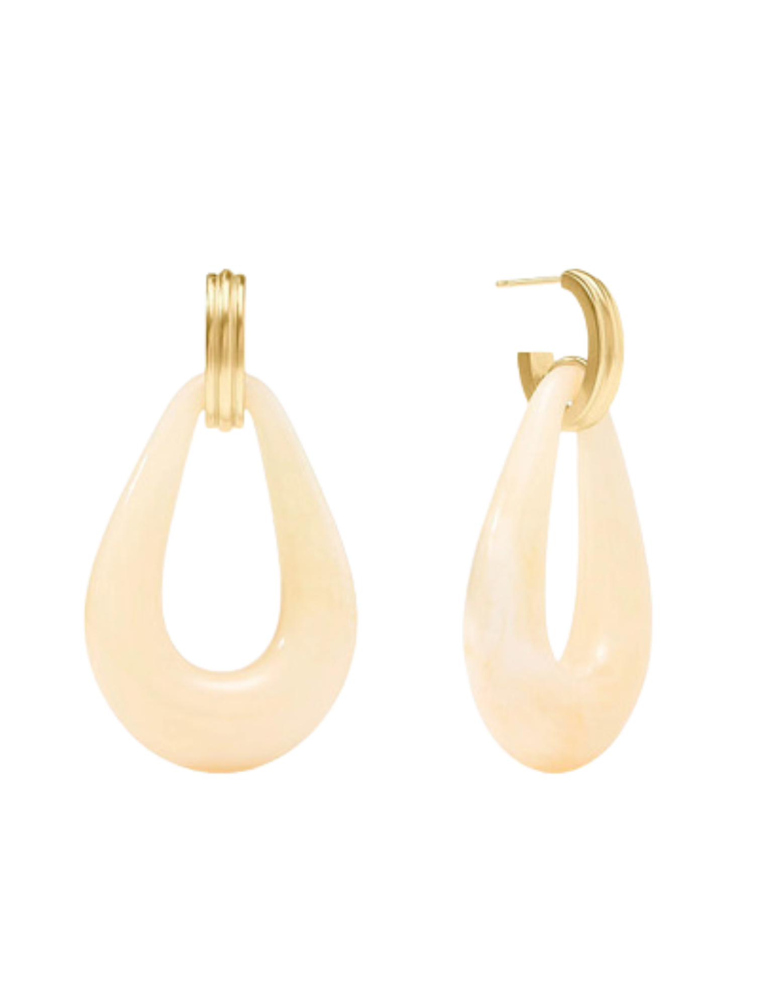 Pair of gold hoop earrings with cream-colored teardrop-shaped pendants.