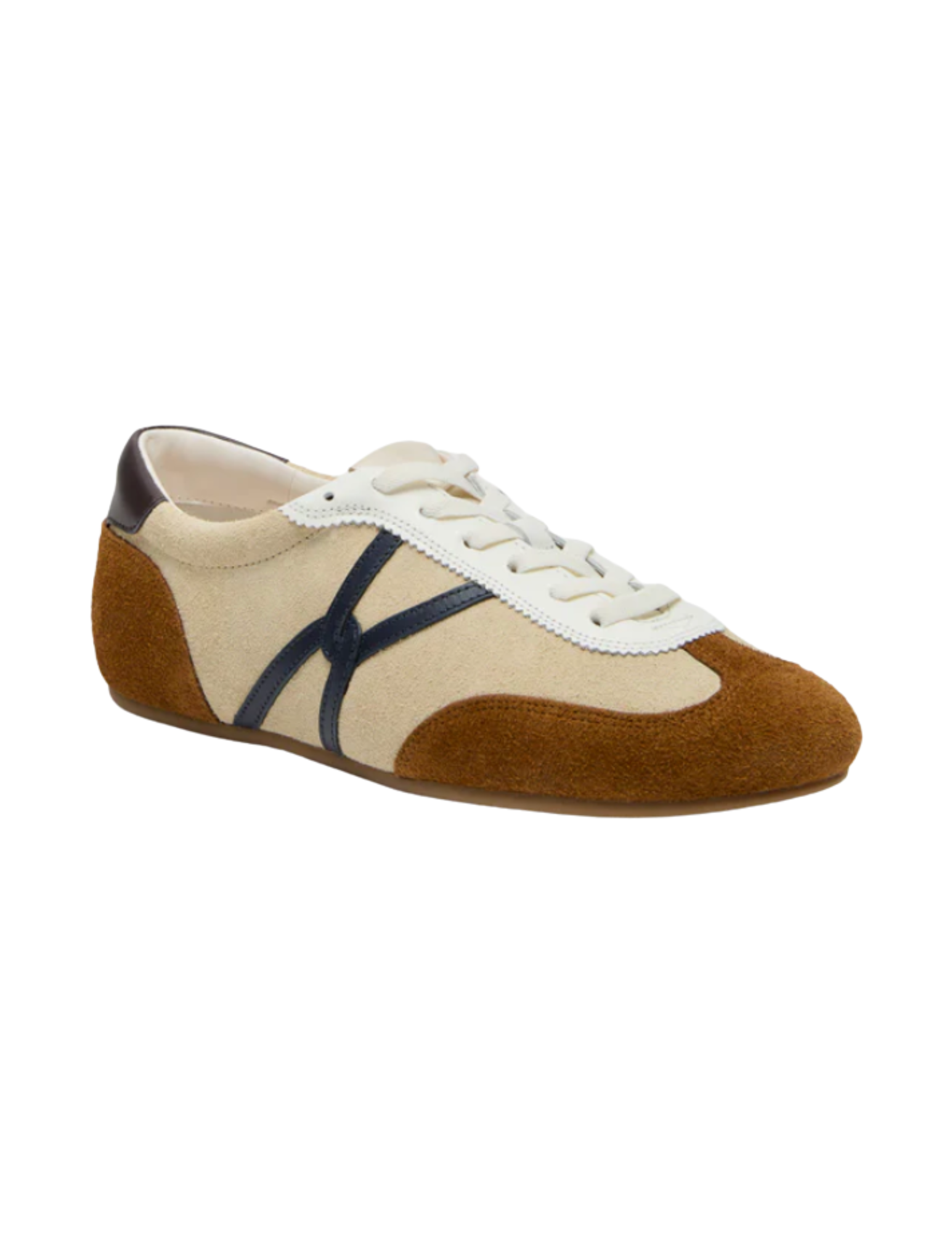Beige and brown athletic shoe with black accents and white laces
