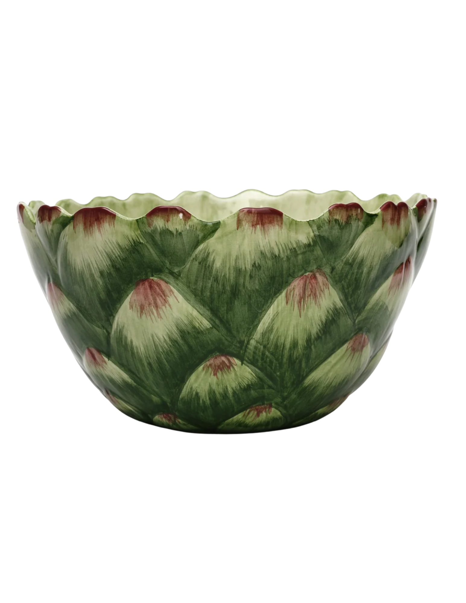 Decorative ceramic bowl with a green and red artichoke design.