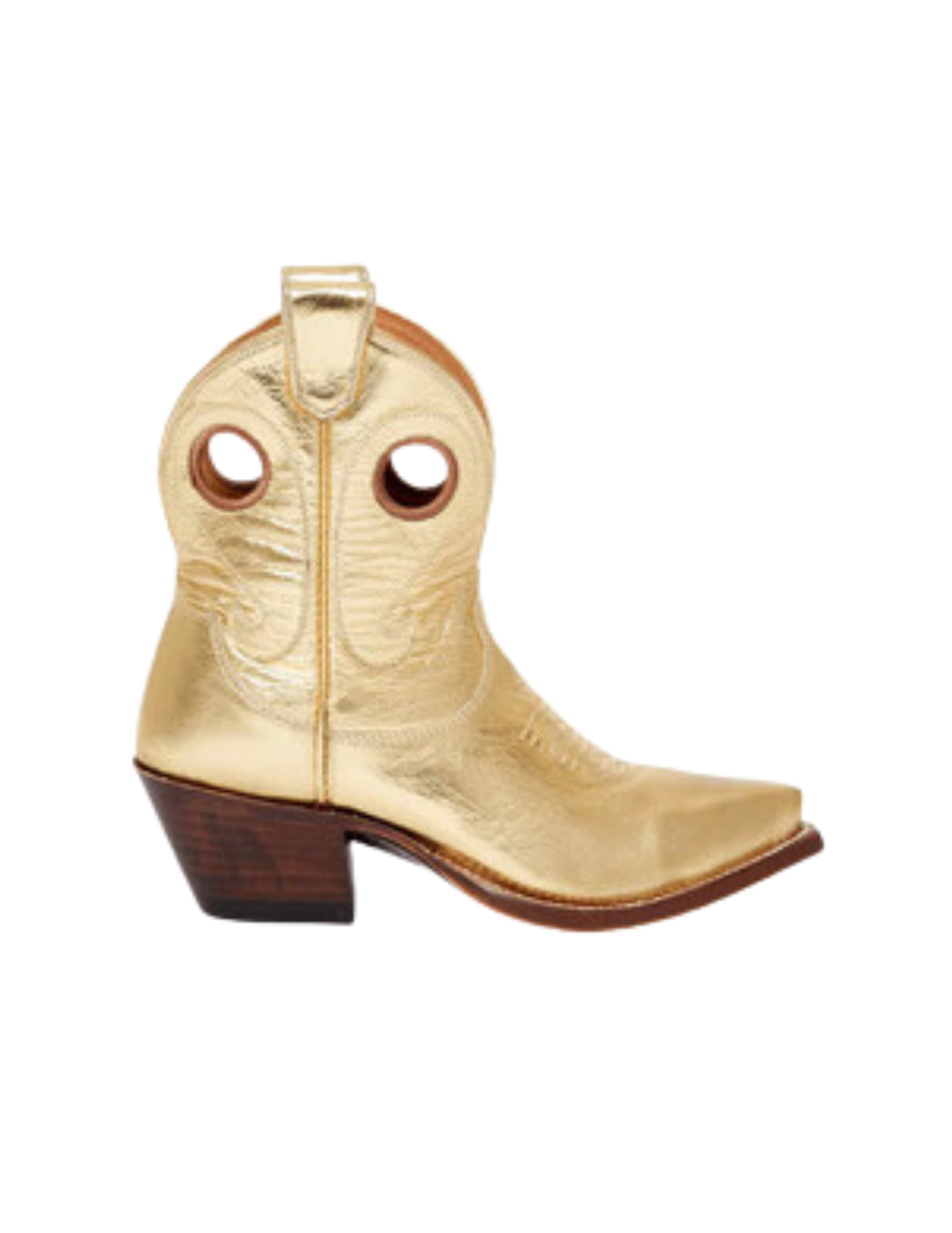 A gold cowboy boot with a block heel and decorative stitching.