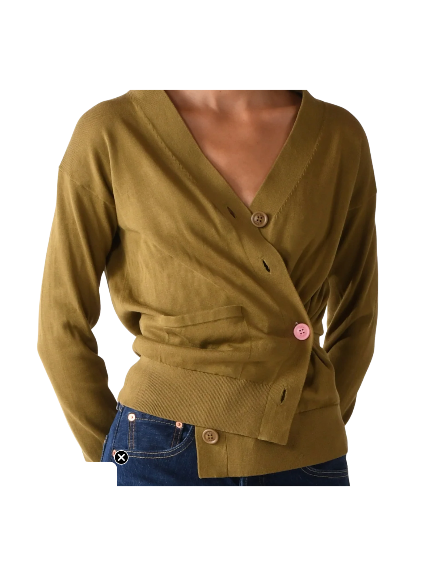 Olive green button-up cardigan worn with blue jeans.