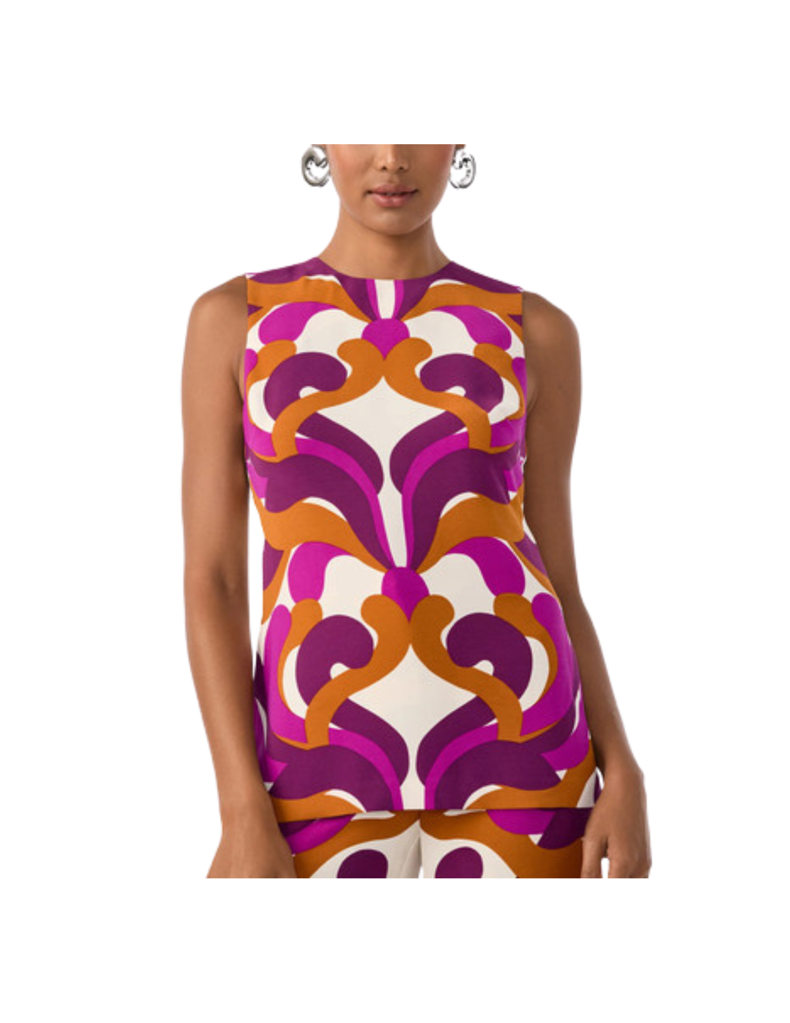 Woman wearing a sleeveless dress with a colorful, abstract pattern in purple, pink, orange, and white