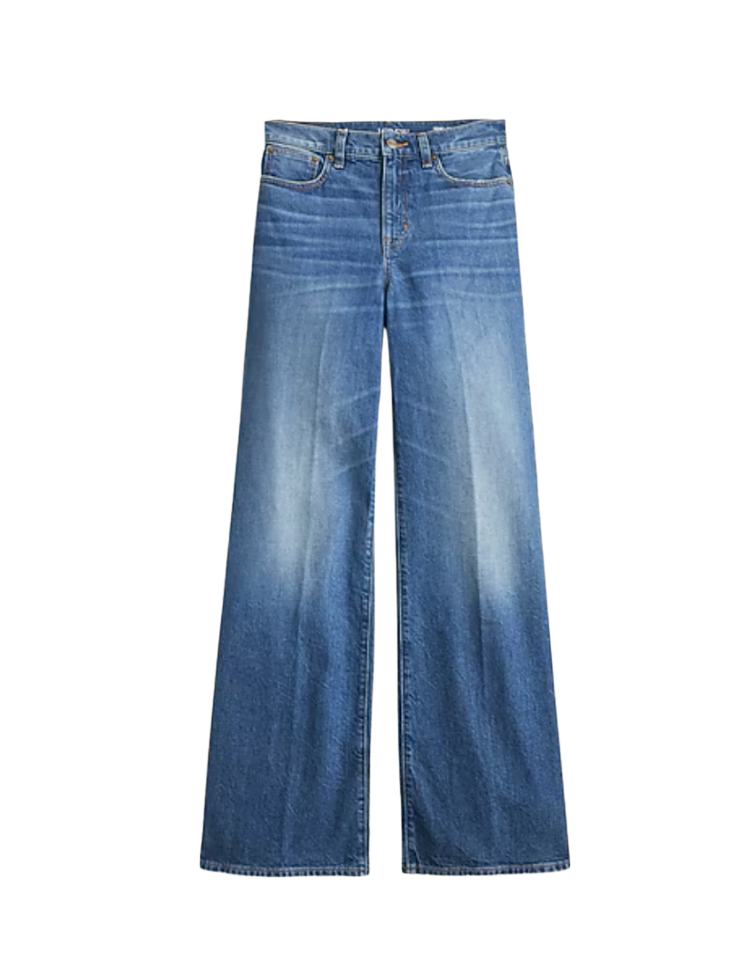 Pair of blue jeans with a wide-leg fit and faded wash.