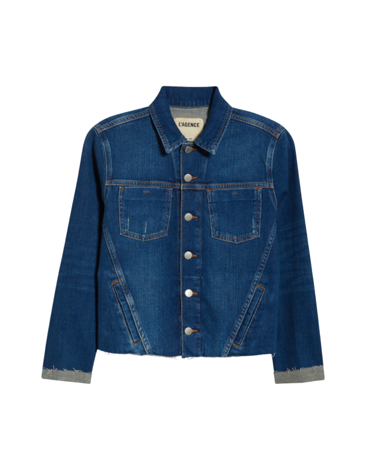 Blue denim jacket with button front, chest pockets, and frayed hem