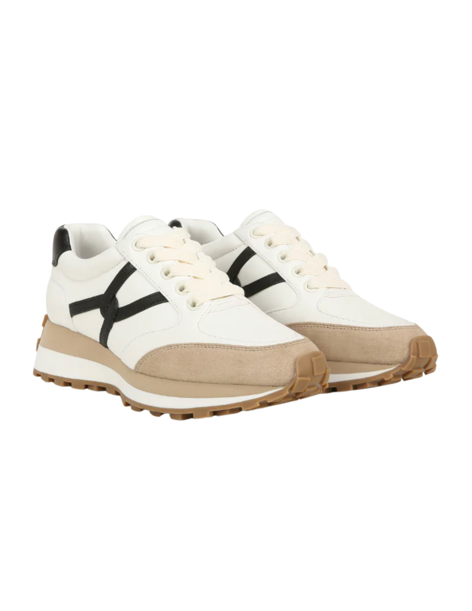 Pair of white and beige sneakers with black stripe accents, beige toe cap, beige and brown sole, and black heel tab.