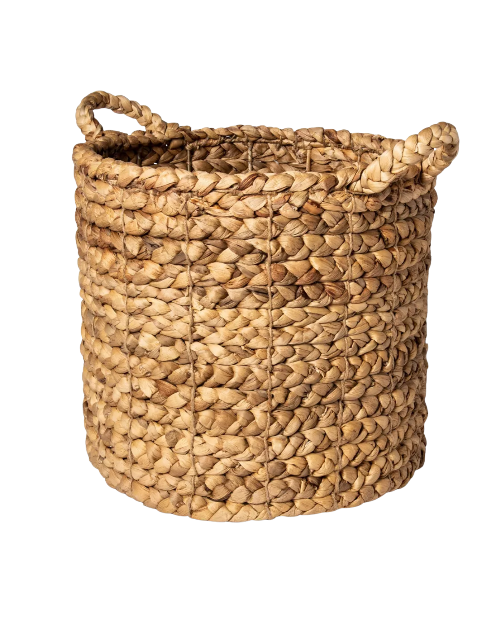 Round woven basket made of natural fibers with a handle.