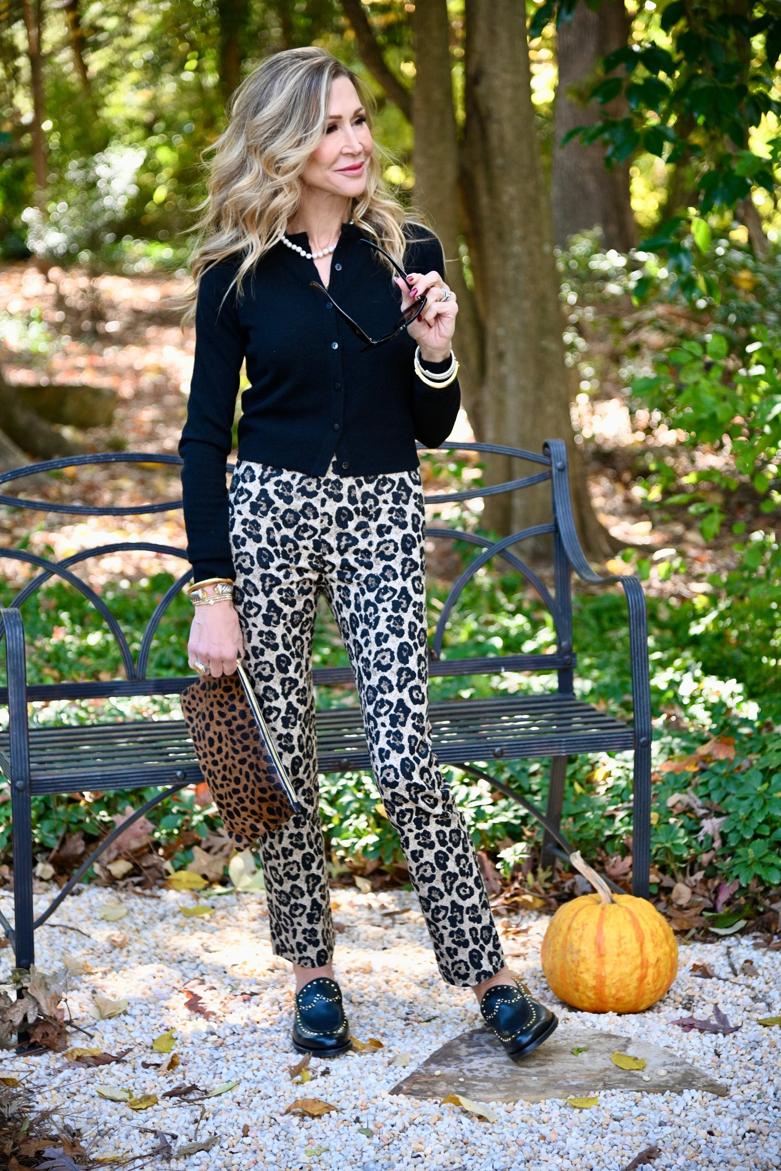    Leopard Pants   ,    Black Cardigan Sweater   ,    Black Loafers   