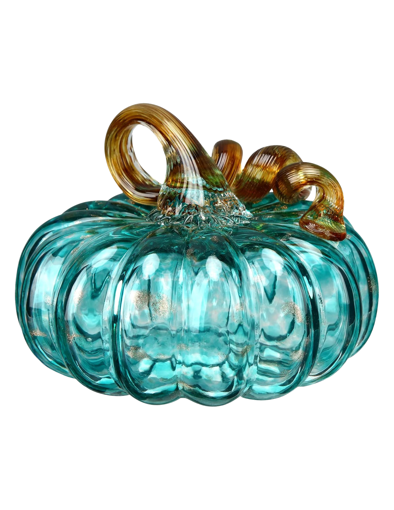 A glass pumpkin with teal and gold swirls, featuring a curled glass stem.