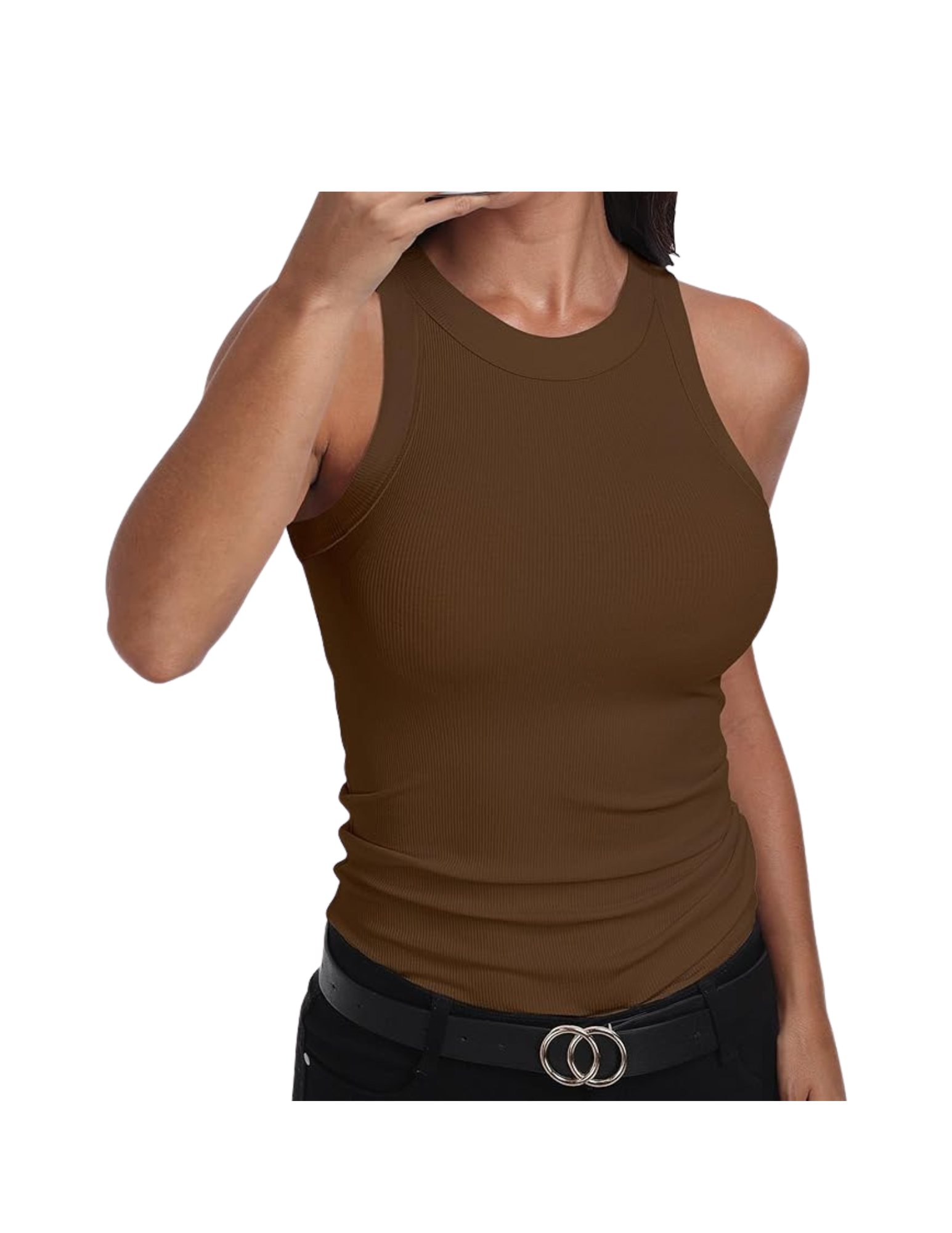  This basic brown tank would be perfect under the mauve denim jacket above! 