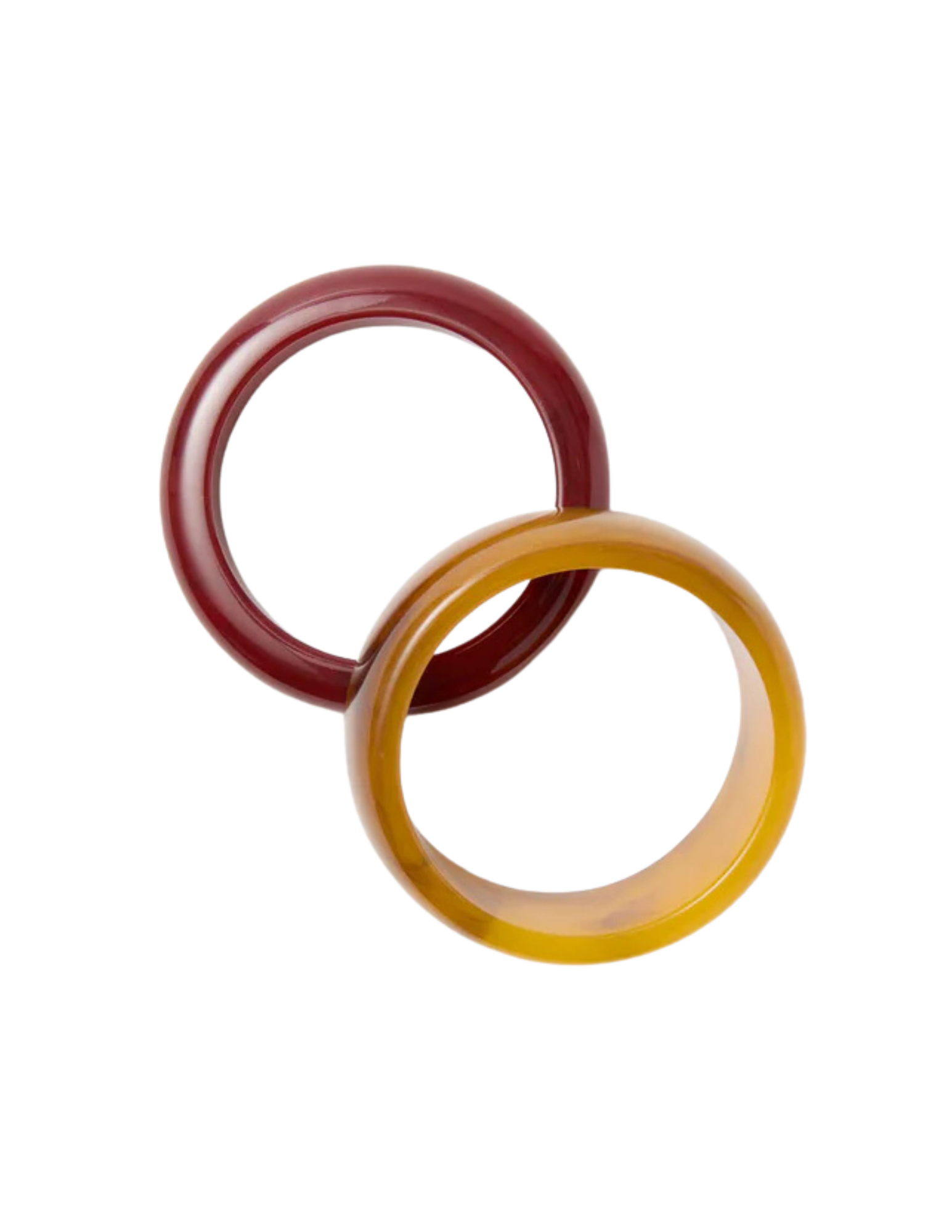 Two interlocking bangle bracelets, one red and one yellow, isolated on a white background.