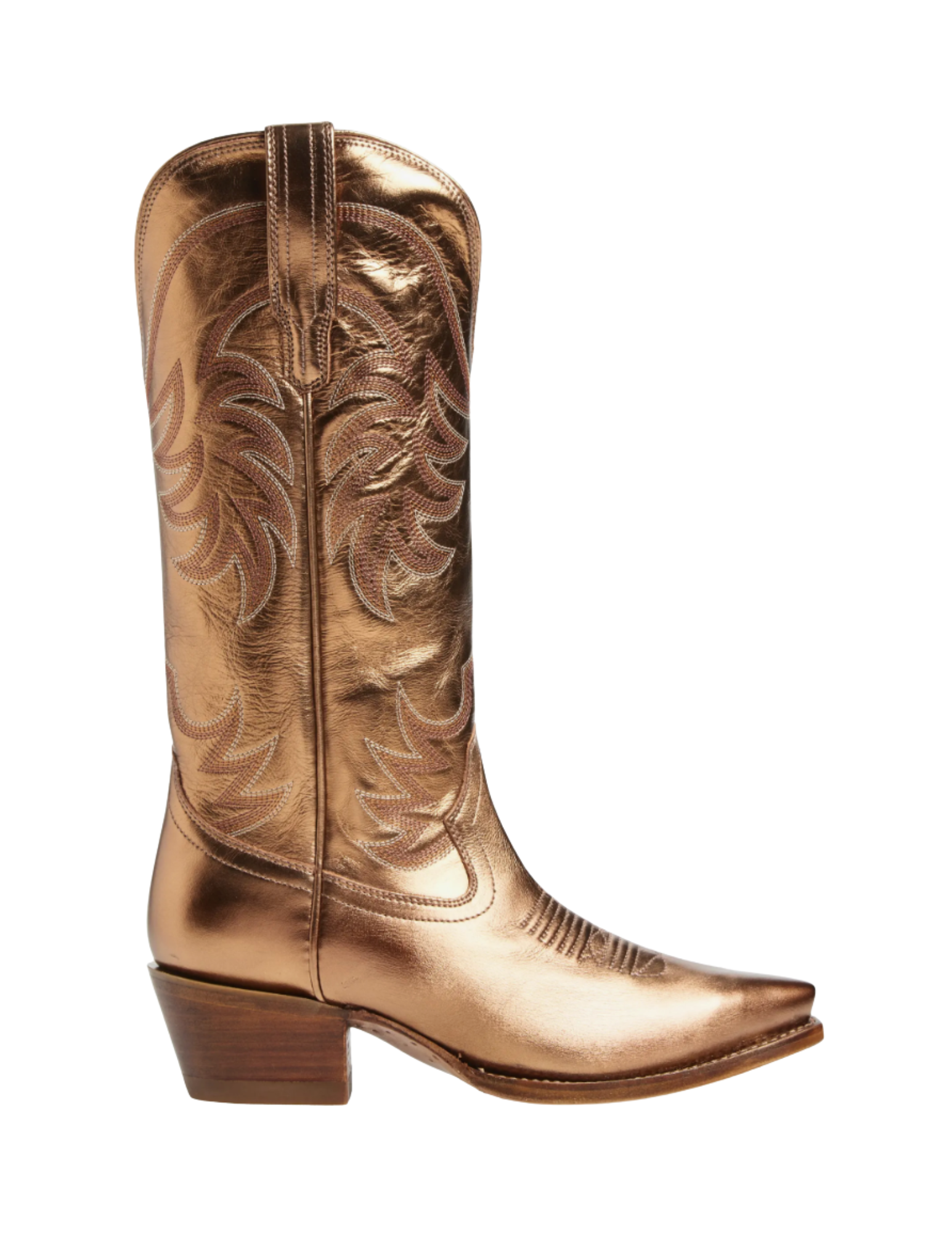 Gold cowboy boot with embroidered flame-like design and a block heel.