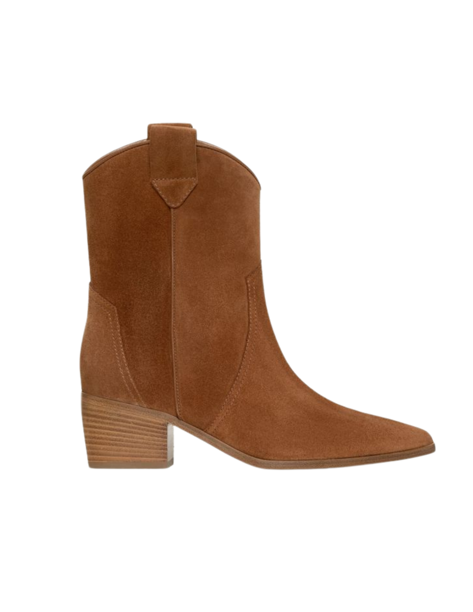Brown suede ankle boot with a pointed toe and stacked low heel.