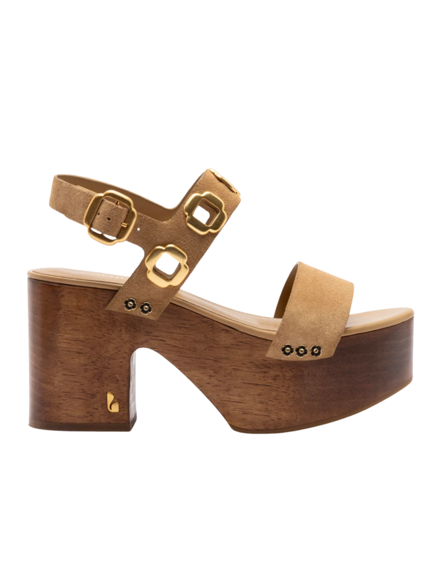 Beige platform sandal with chunky wooden heel, two wide straps with gold buckle accents, and decorative black studs.