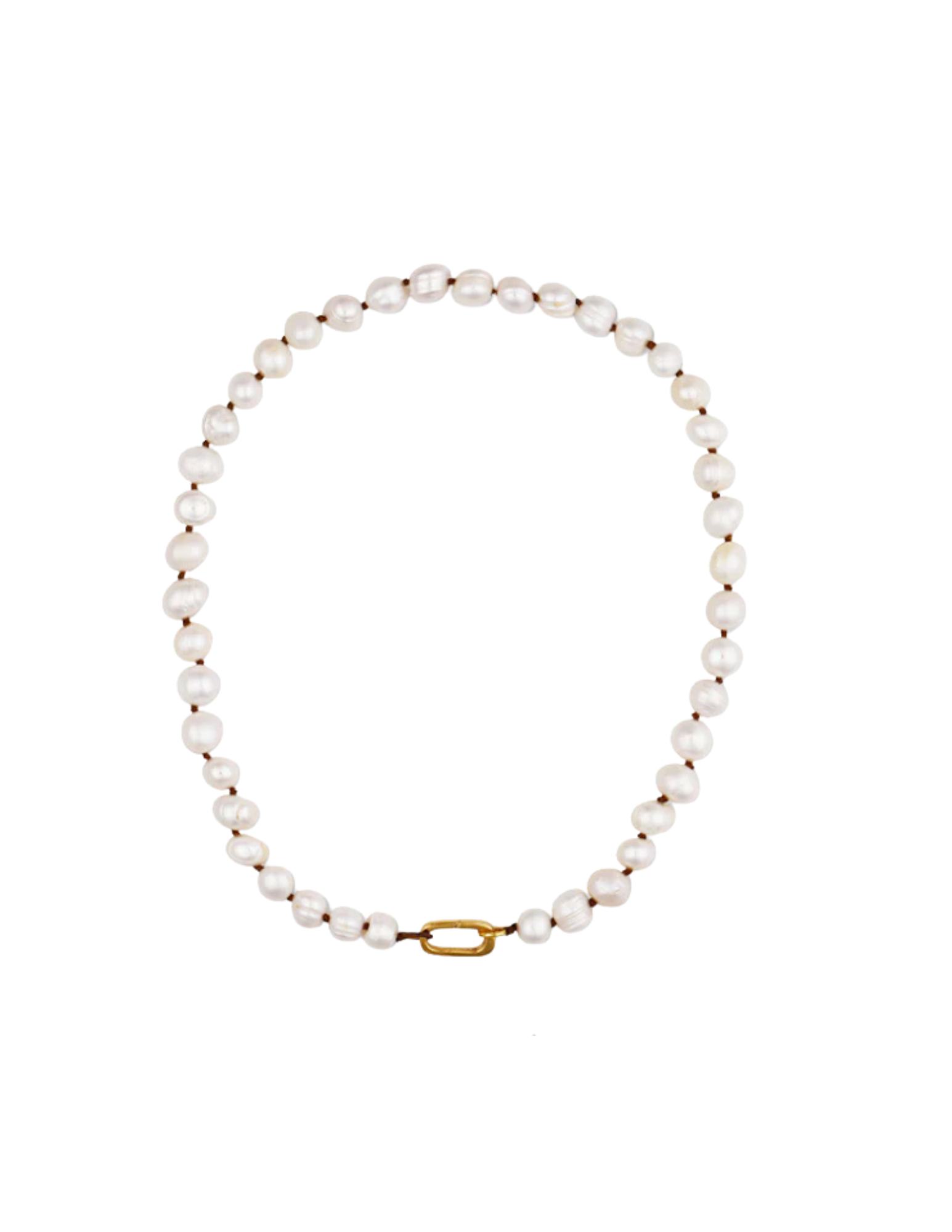 Pearl necklace with a gold clasp on a white background.