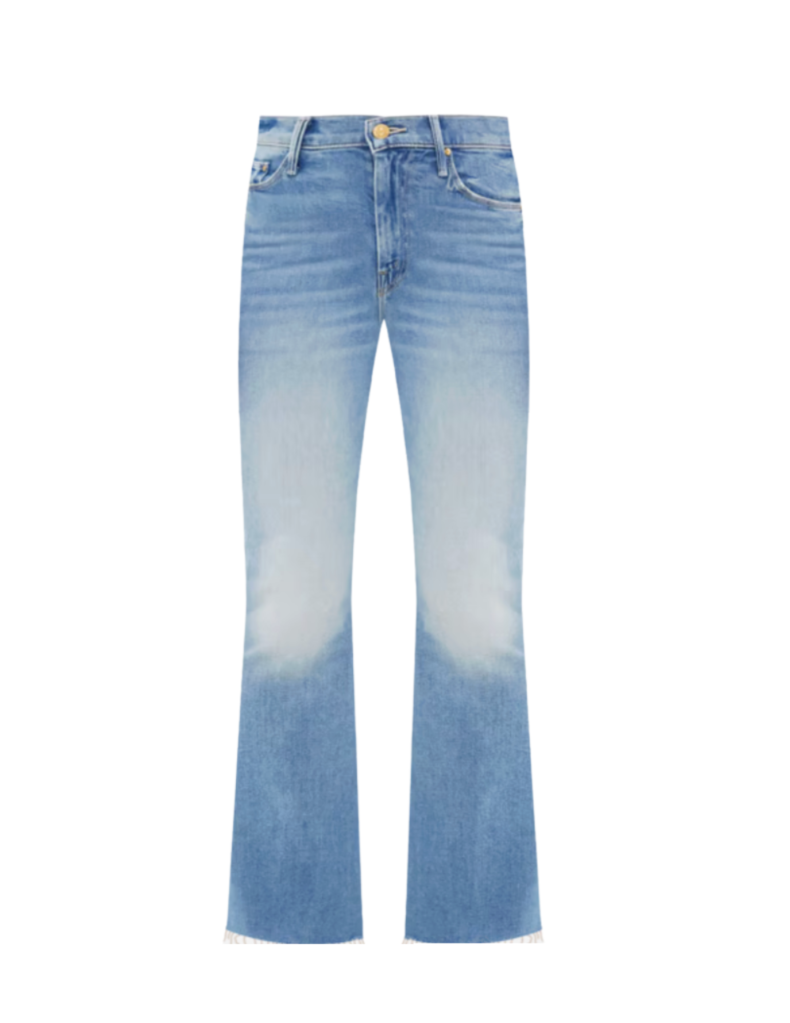 Blue and white distressed bootcut jeans with a gold button in the front.