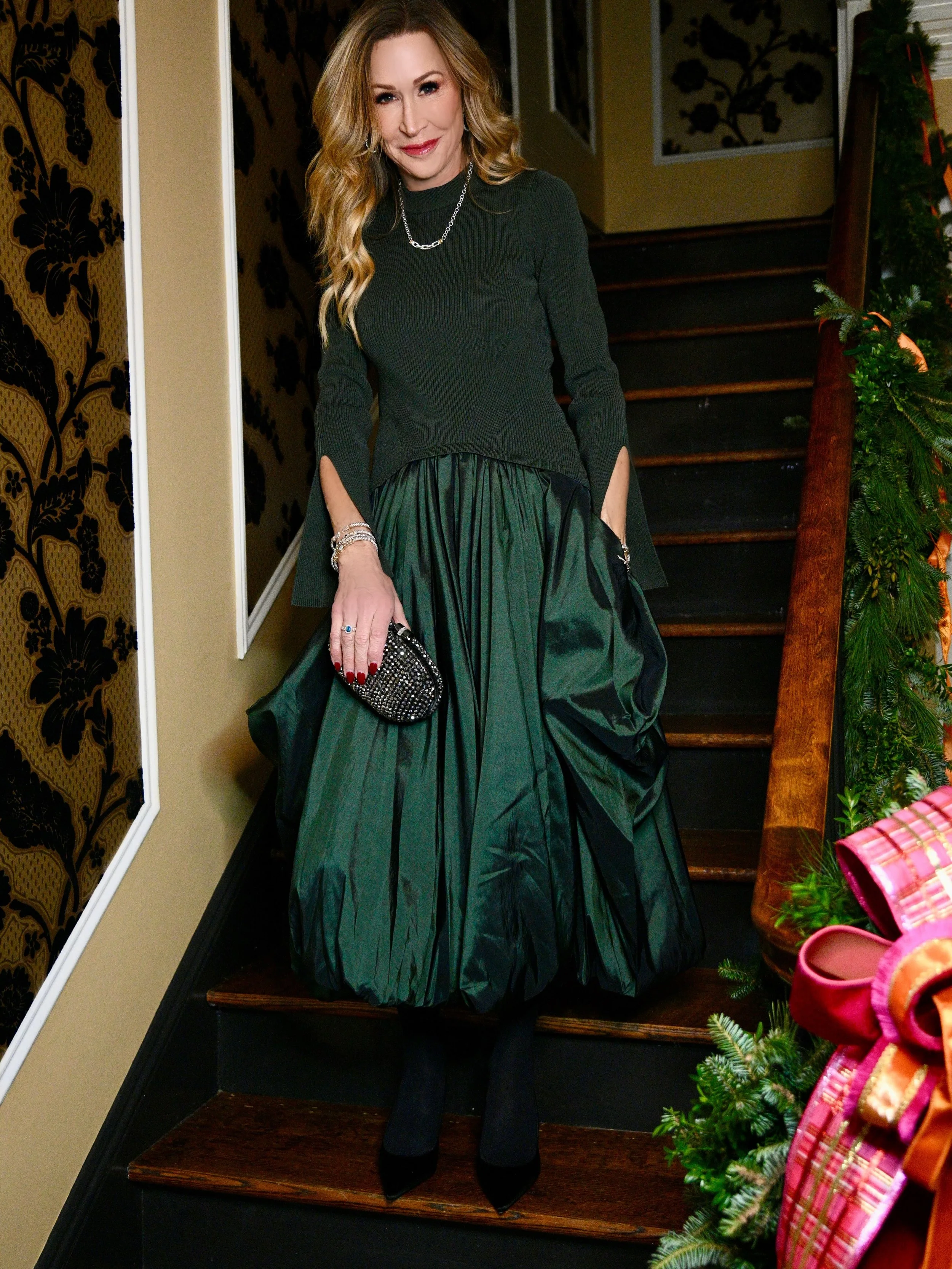 light green dress with black tights Holiday Spirit