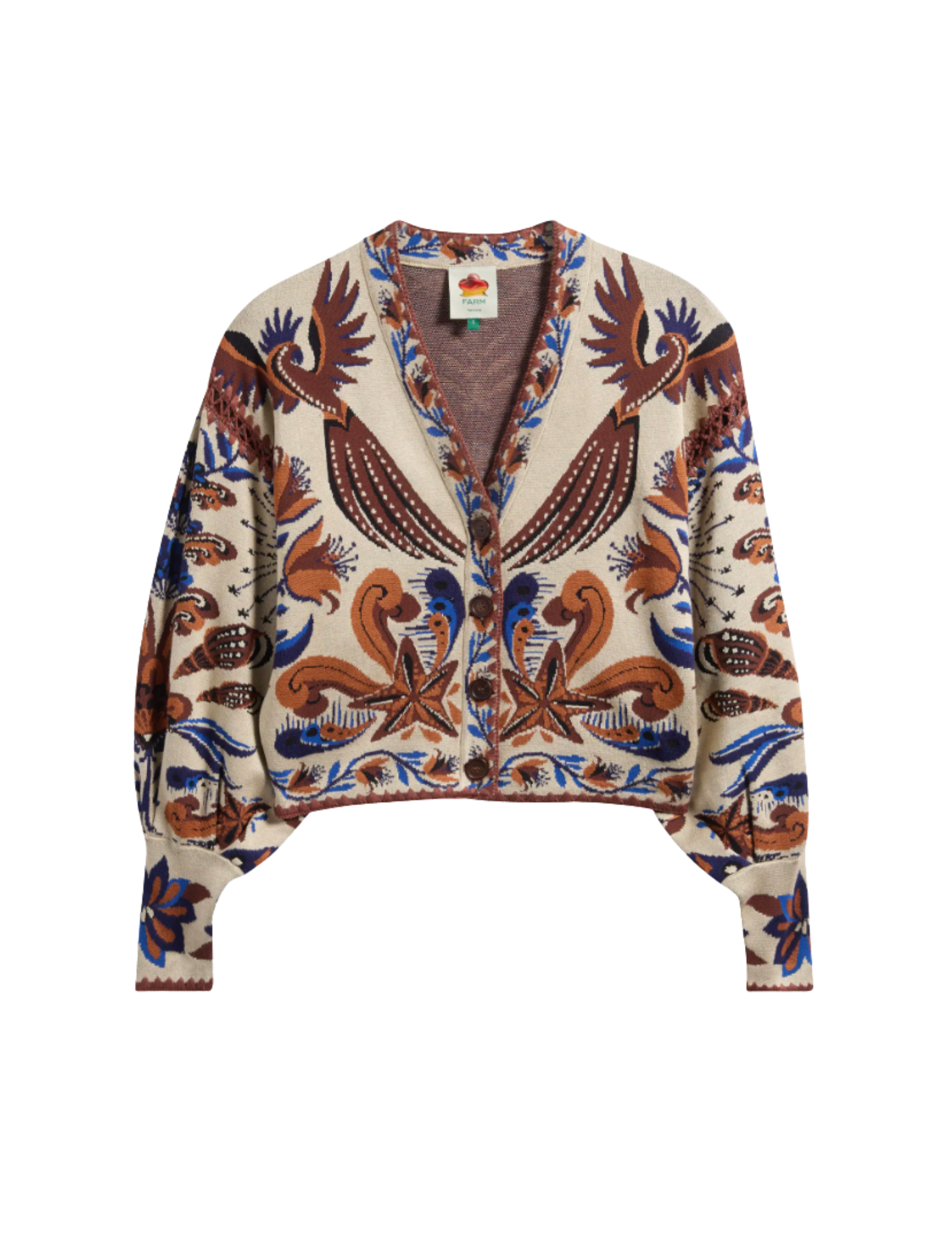 Colorful knit cardigan with floral and bird pattern in shades of brown, blue, and white.