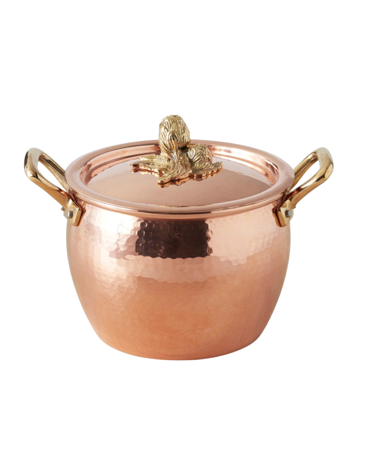 A copper pot with gold handles and a decorative gold lion figure on the lid.