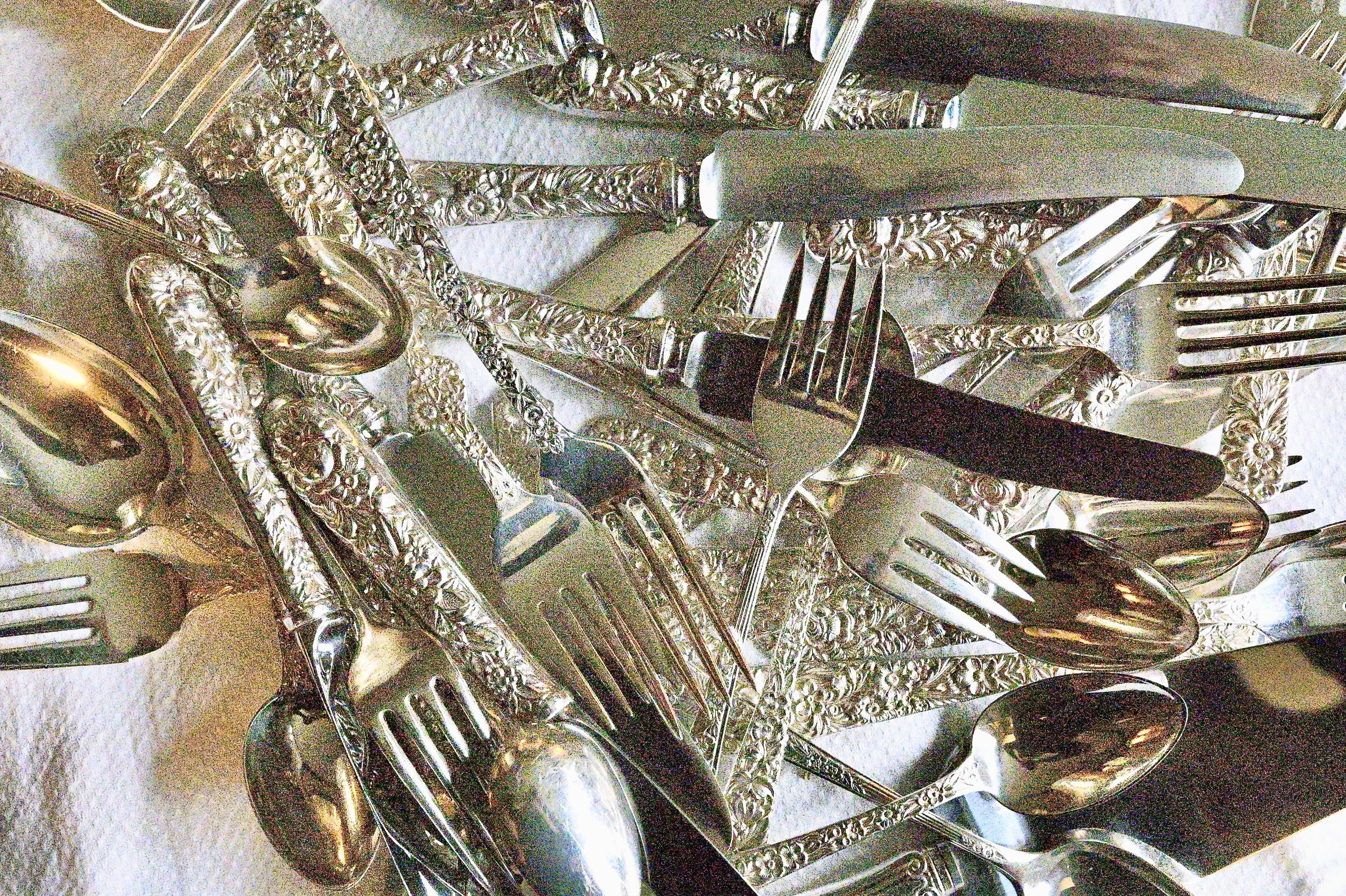   We purchased this set of     Repousse Silver     at an antique store years ago.  I also have my grandmother’s silver which is very very old…I mix the two patterns when I don’t have enough of one.  I’ve also collected serving pieces over the years.  