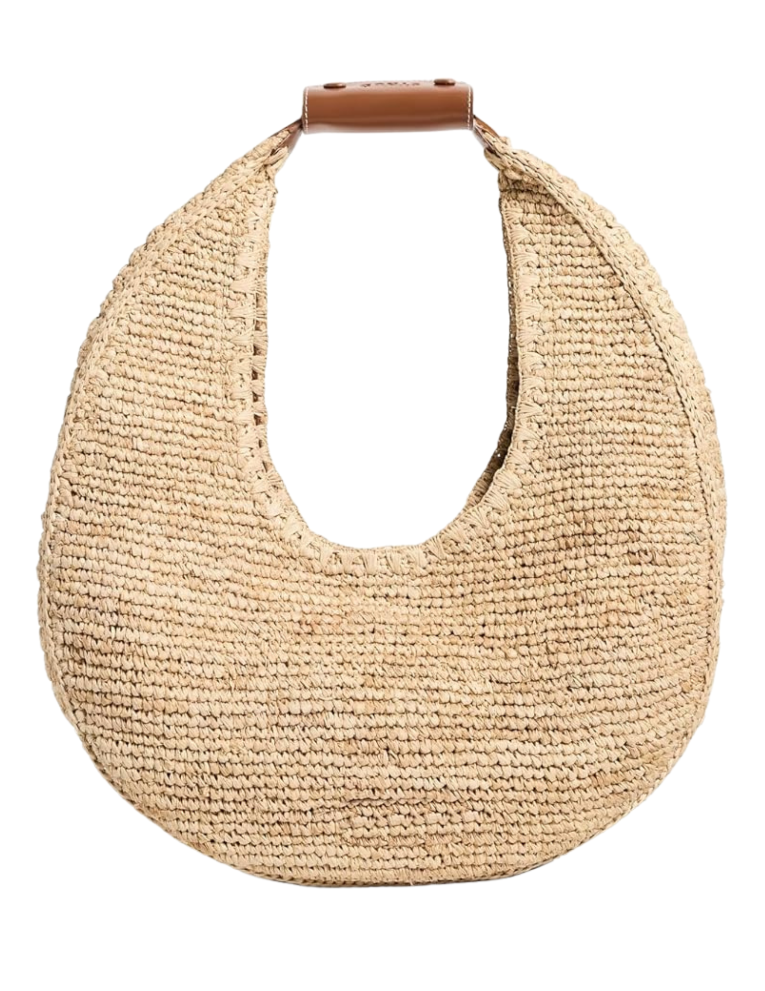 A woven straw handbag with a curved shape, featuring a leather handle at the top.