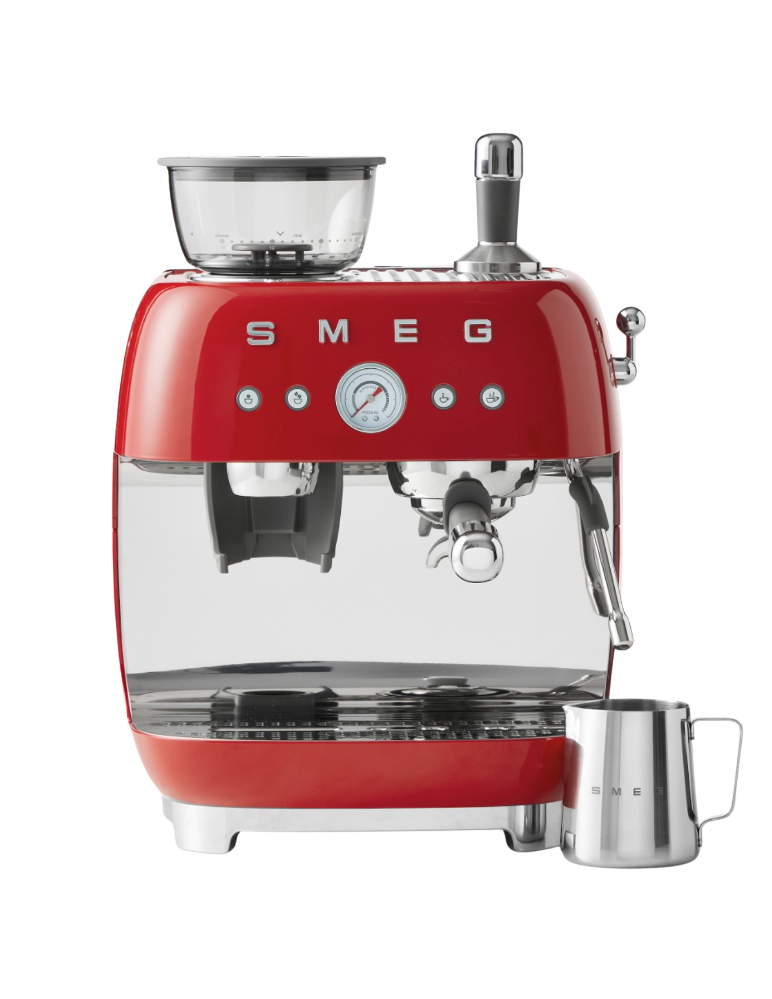 Red and silver SMEG espresso machine with a glass coffee filter on top and a milk frothing wand on the side, placed on a white background.
