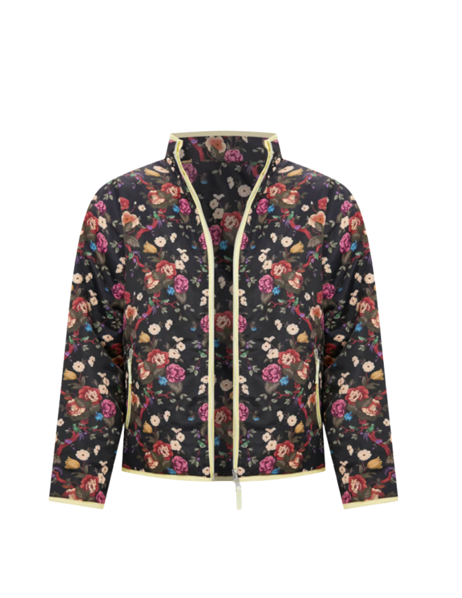 A black floral patterned zip-up jacket with yellow trim.