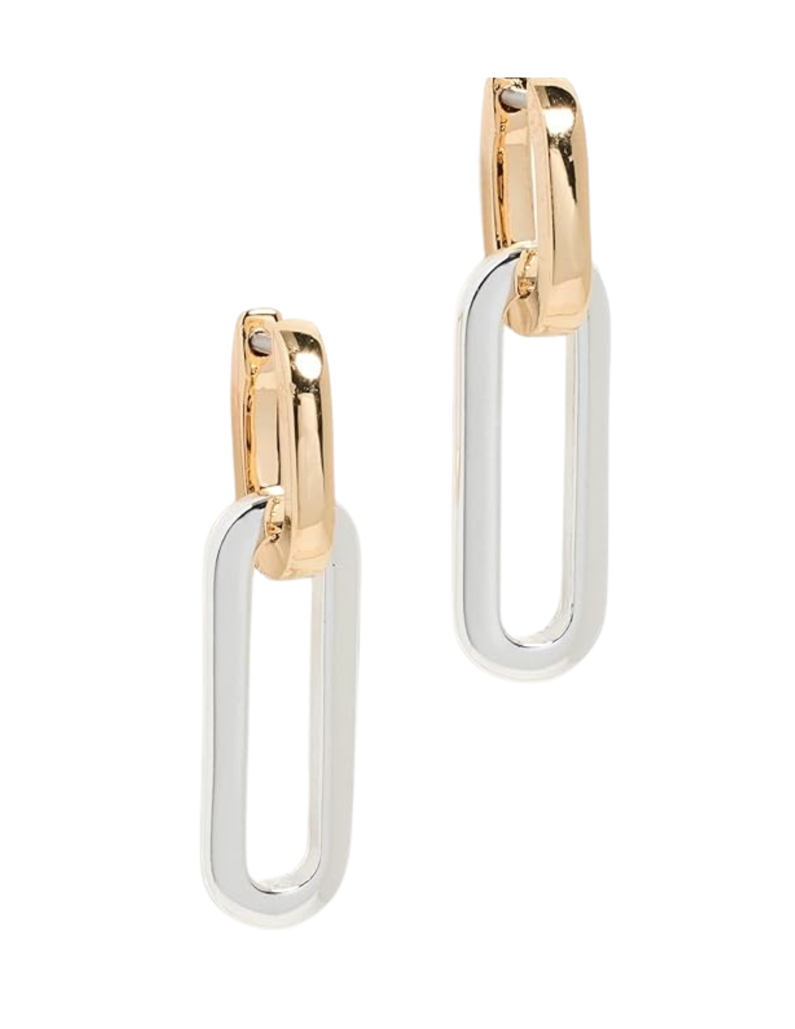 Pair of earrings with gold hoops connected to elongated silver oval loops.