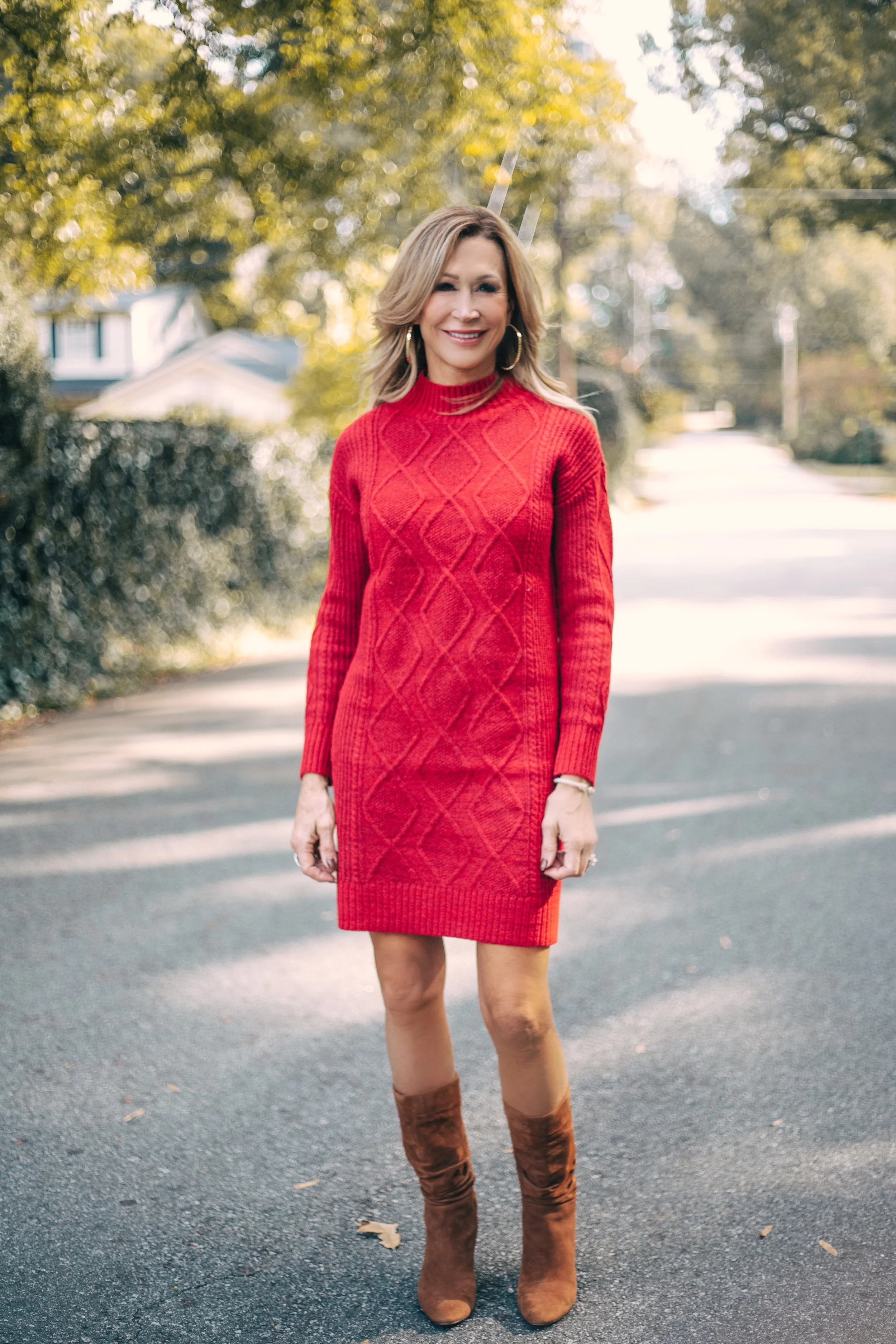 red sweater dress outfit Wherever You Go Turtleneck  Shop the Mint and a relaxed silhouette Red Sweater Knee High Boots