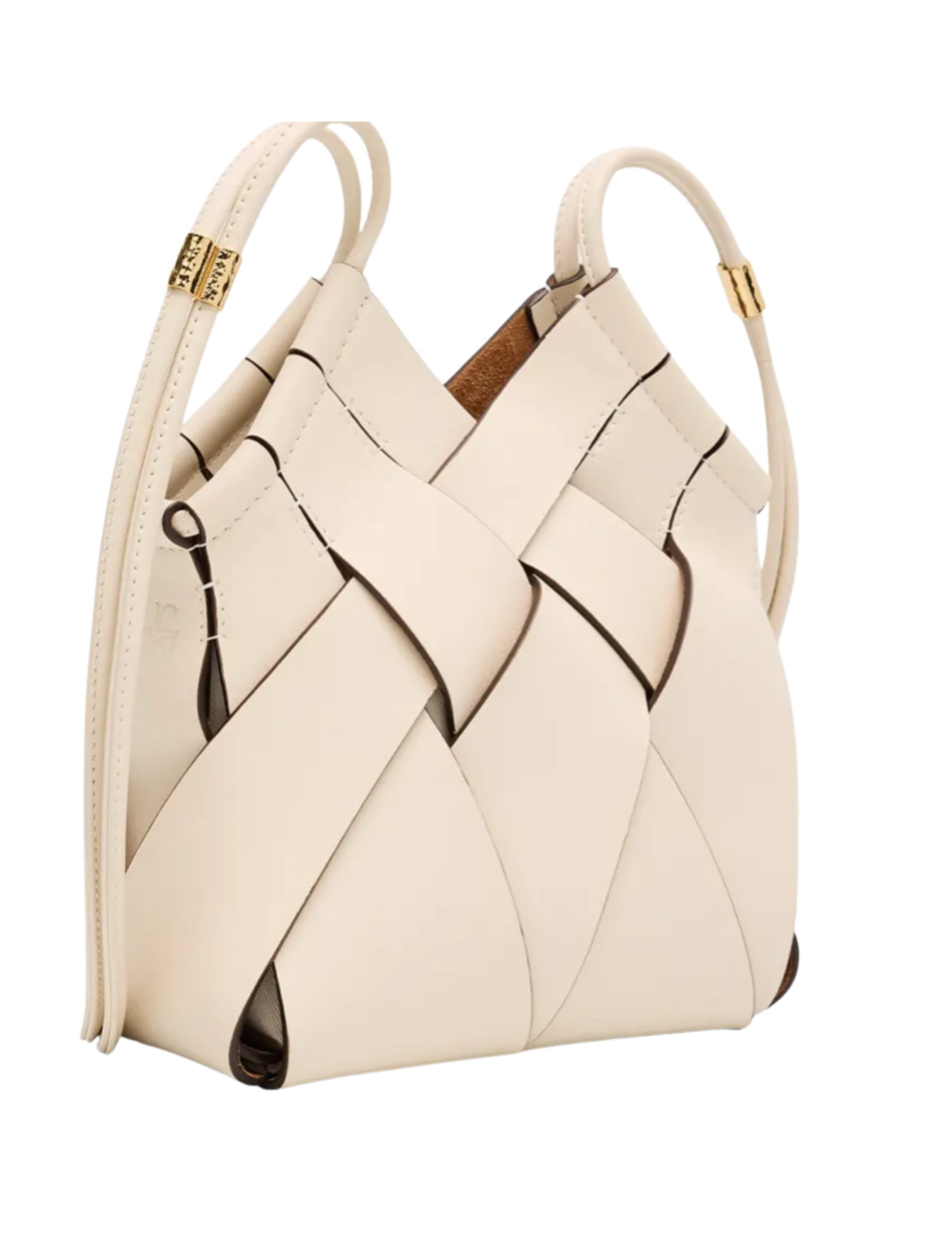 A cream-colored handbag with a woven leather pattern and gold accents.