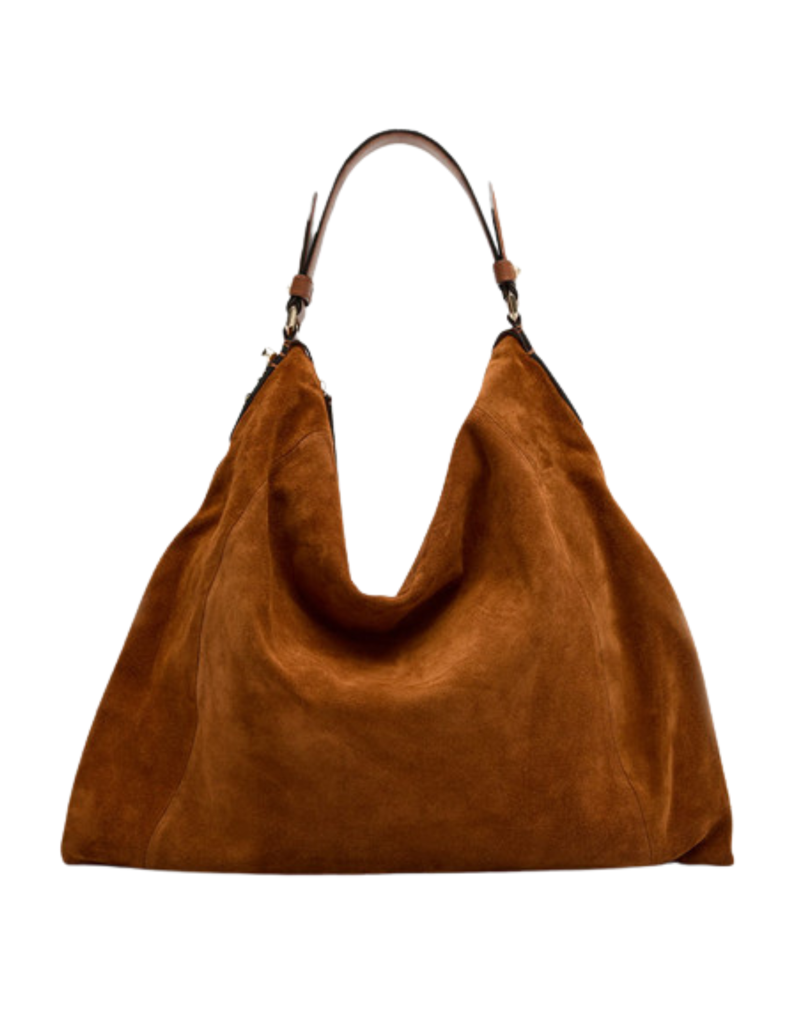Brown leather handbag with a single handle and gold hardware.