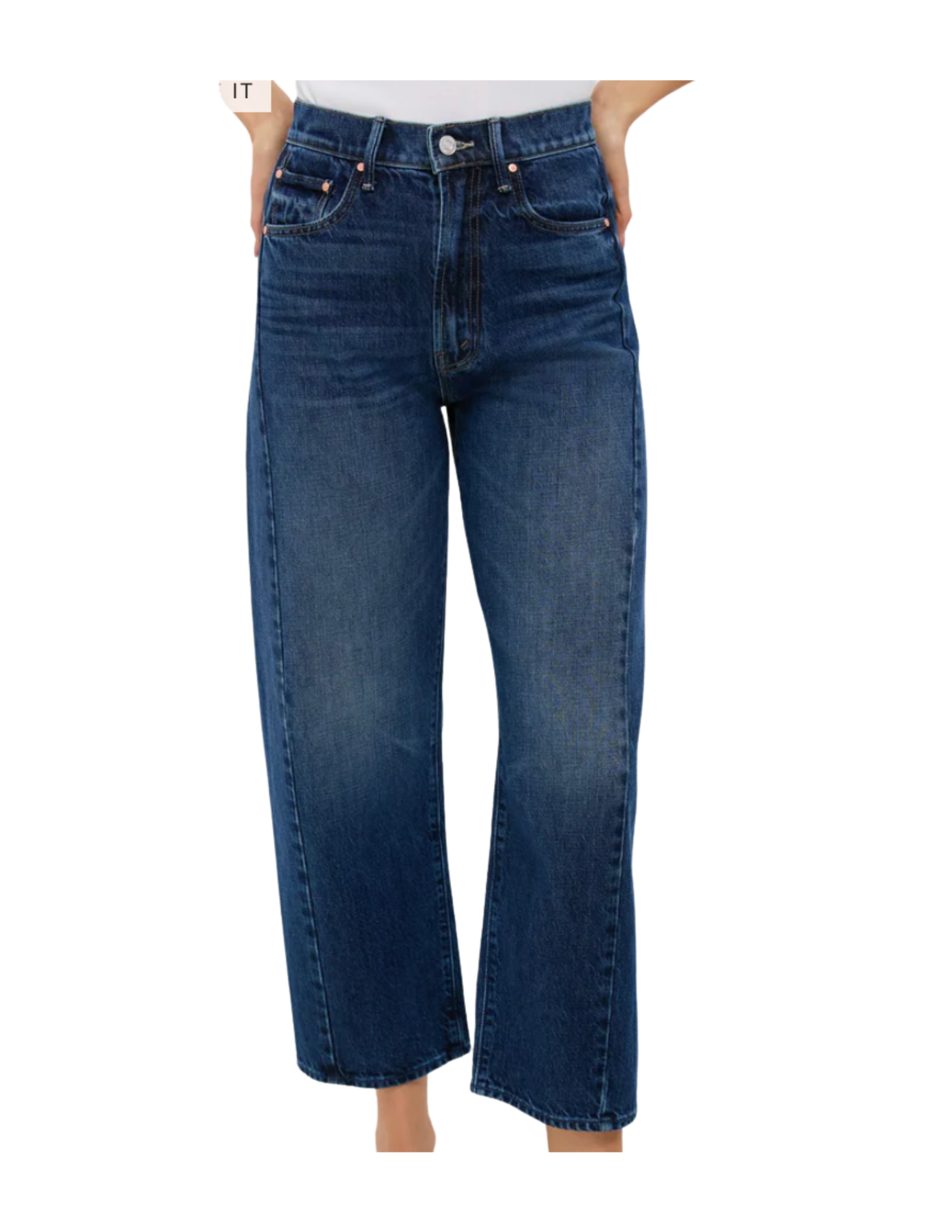 Pair of blue jeans with a white top, high waist, and straight-leg cut displayed on a mannequin.