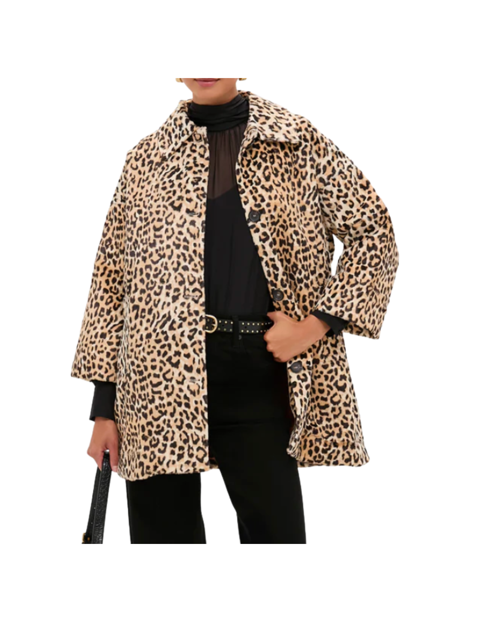 Person wearing a leopard print coat over a black top and black pants, holding a black handbag.