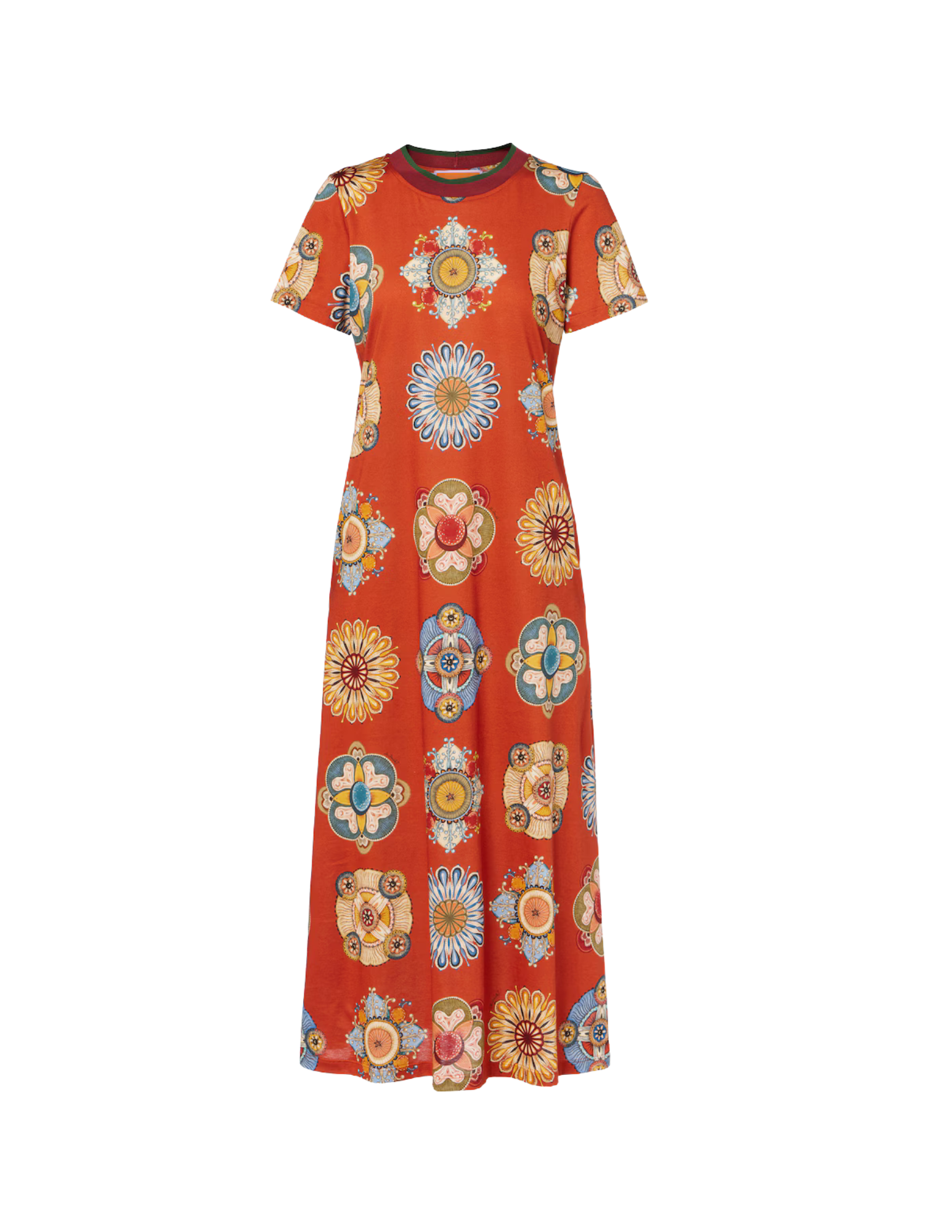A long, orange dress with a colorful floral pattern.