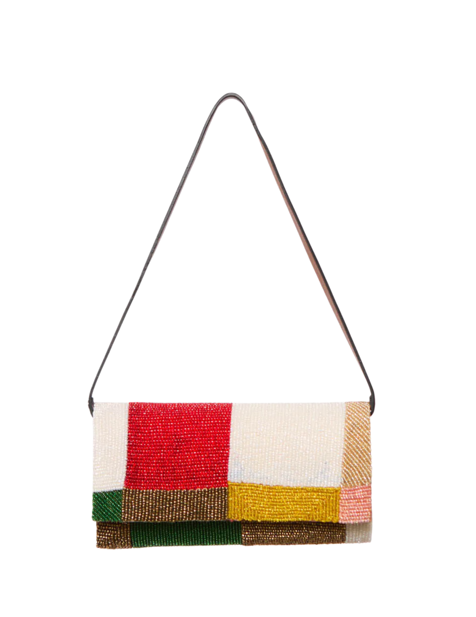 Beaded handbag with a geometric pattern of red, white, pink, yellow, green, brown, and beige beads and a black strap.