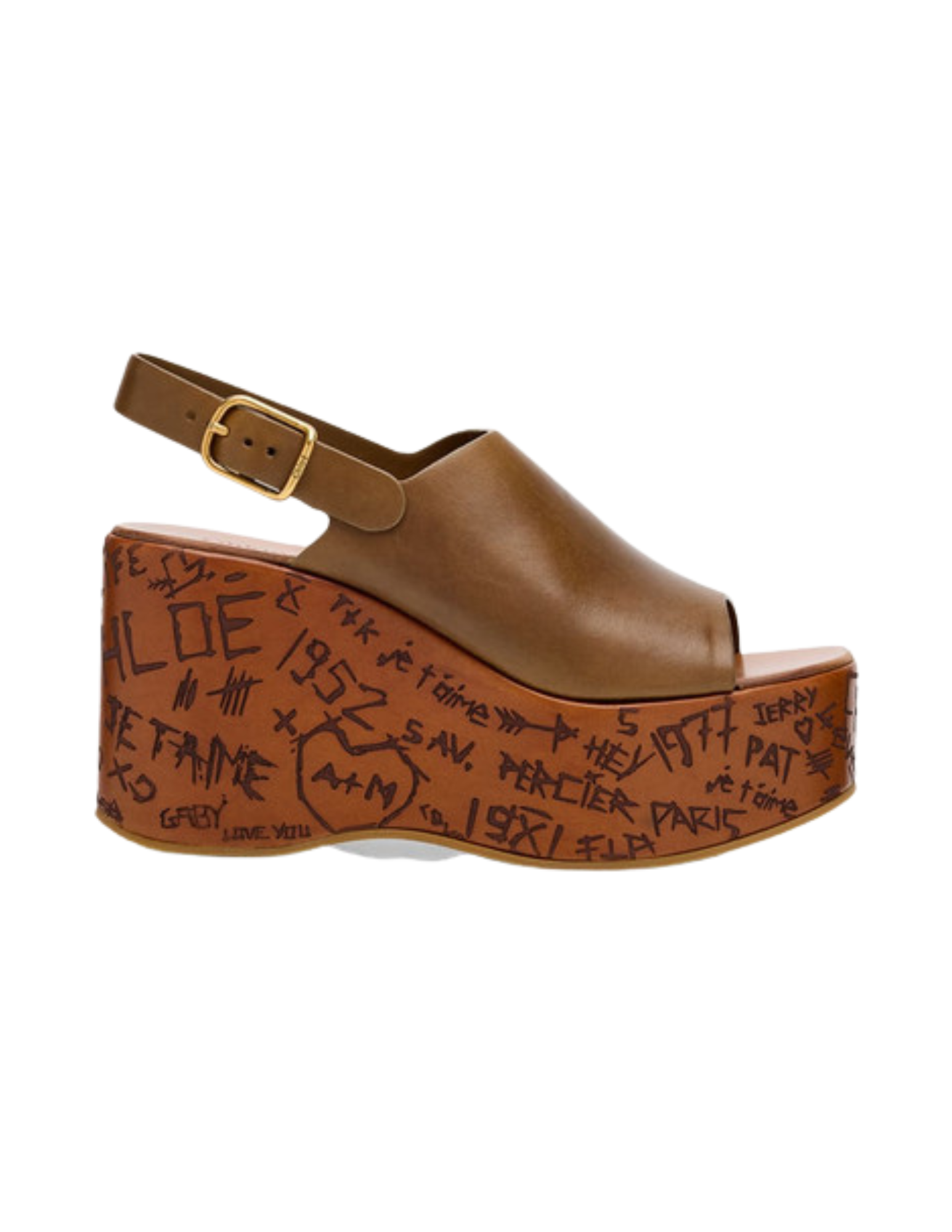 Brown leather sandal with a chunky platform heel decorated with black graffiti-style text and drawings.