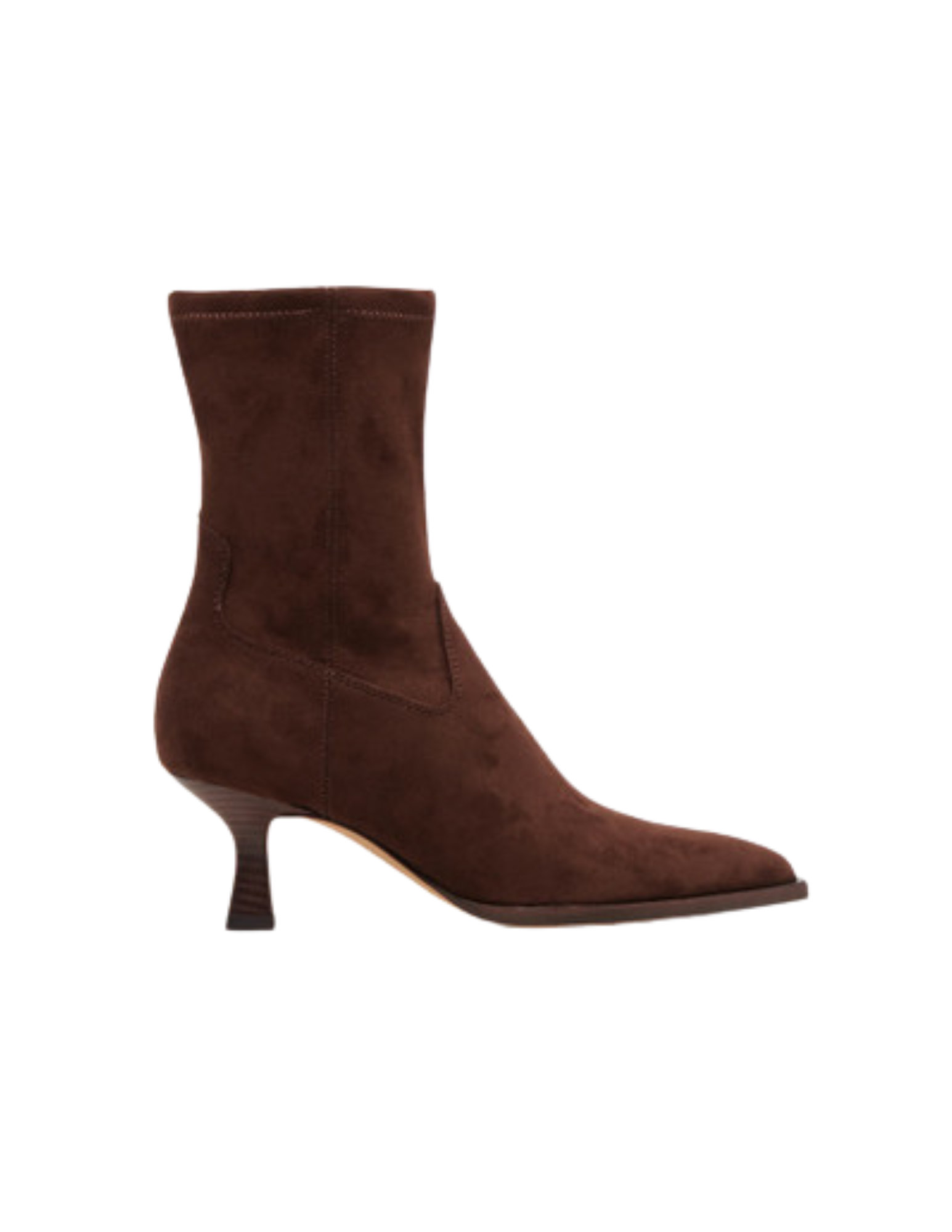 Brown suede ankle boot with a pointed toe and a mid-height, curved heel.