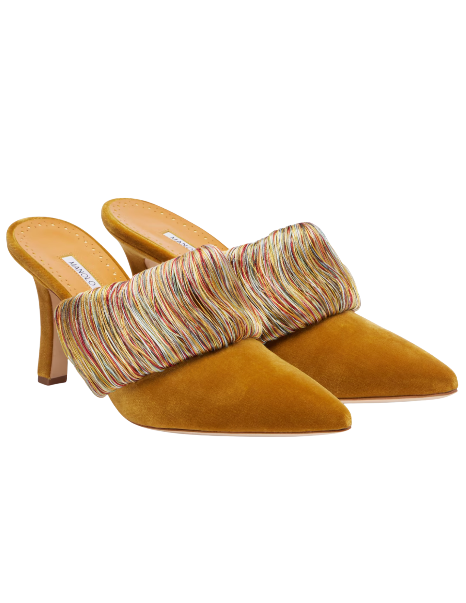 Yellow velvet high-heeled mules with a multicolored fabric detail across the top.