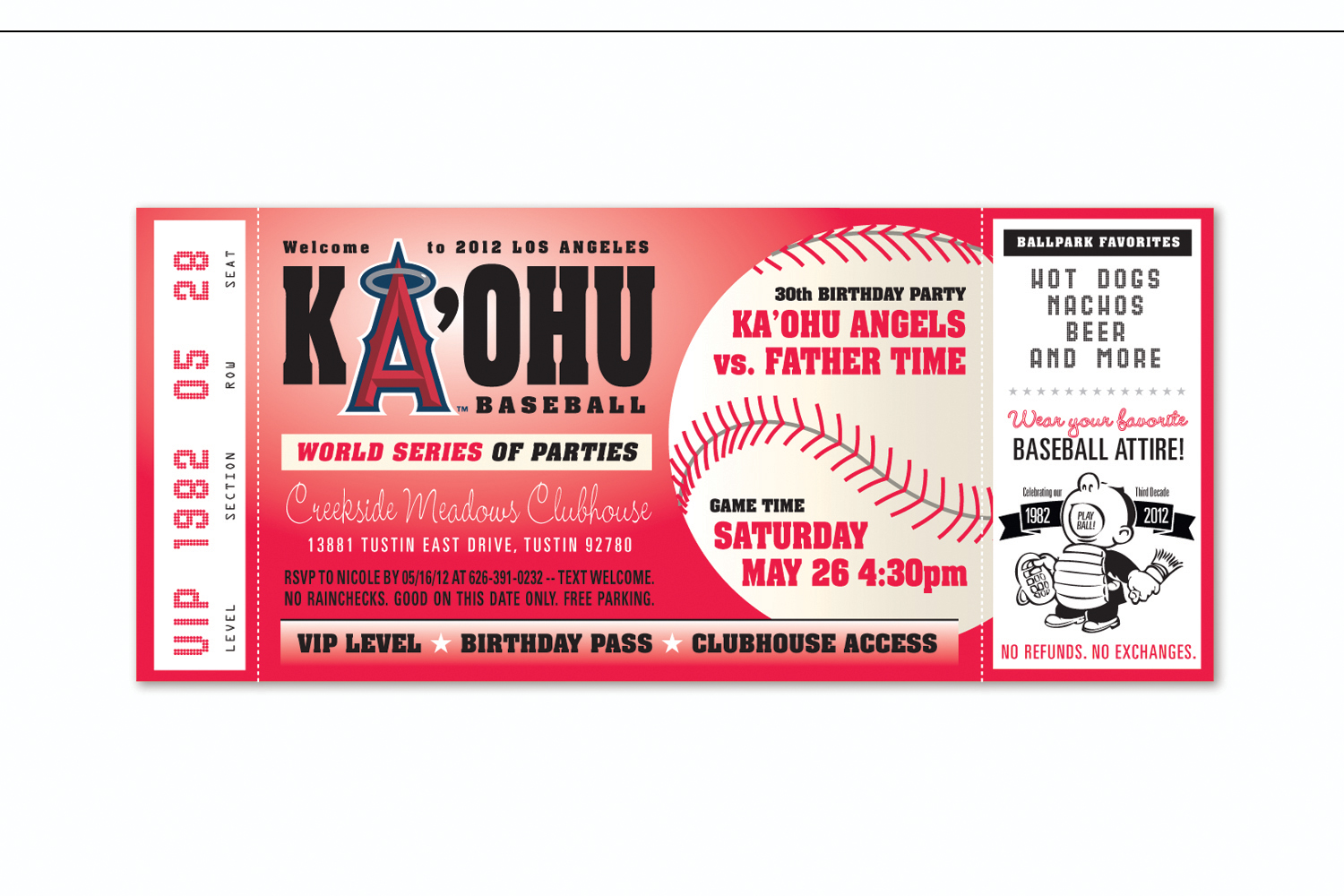   Baseball Ticket,   Birthday party invitation  