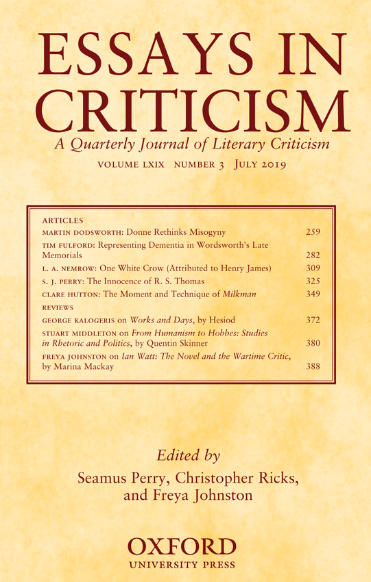 ONE WHITE CROW (ATTRIBUTED TO HENRY JAMES) — L A NEMROW — ESSAYS IN CRITICISM