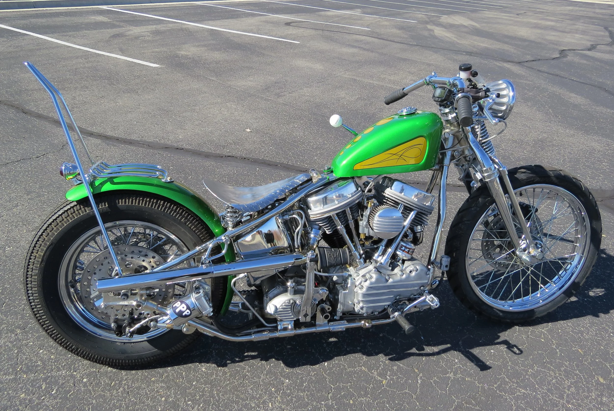 1949 Panhead Chopper by Todd Apple, Boise, ID. Paint by Ryan Lewin, Boise; pinstriping by Signs by Smith, Boise; chrome and nickel plating by Northwest Chrome, New Plymouth.