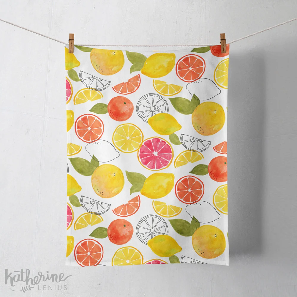 Citrus design mocked up on a tea towel.