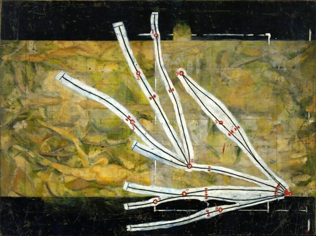 “Network of Stoppages”, 1914, Marcel Duchamp. En “Network of Stoppages” el autor aplica las 3 nuevas representaciones generadas en “3 Standard Stoppages” utilizando una obra inédita de su época cubista como fondo ideal para la composición estética que desea crear.
