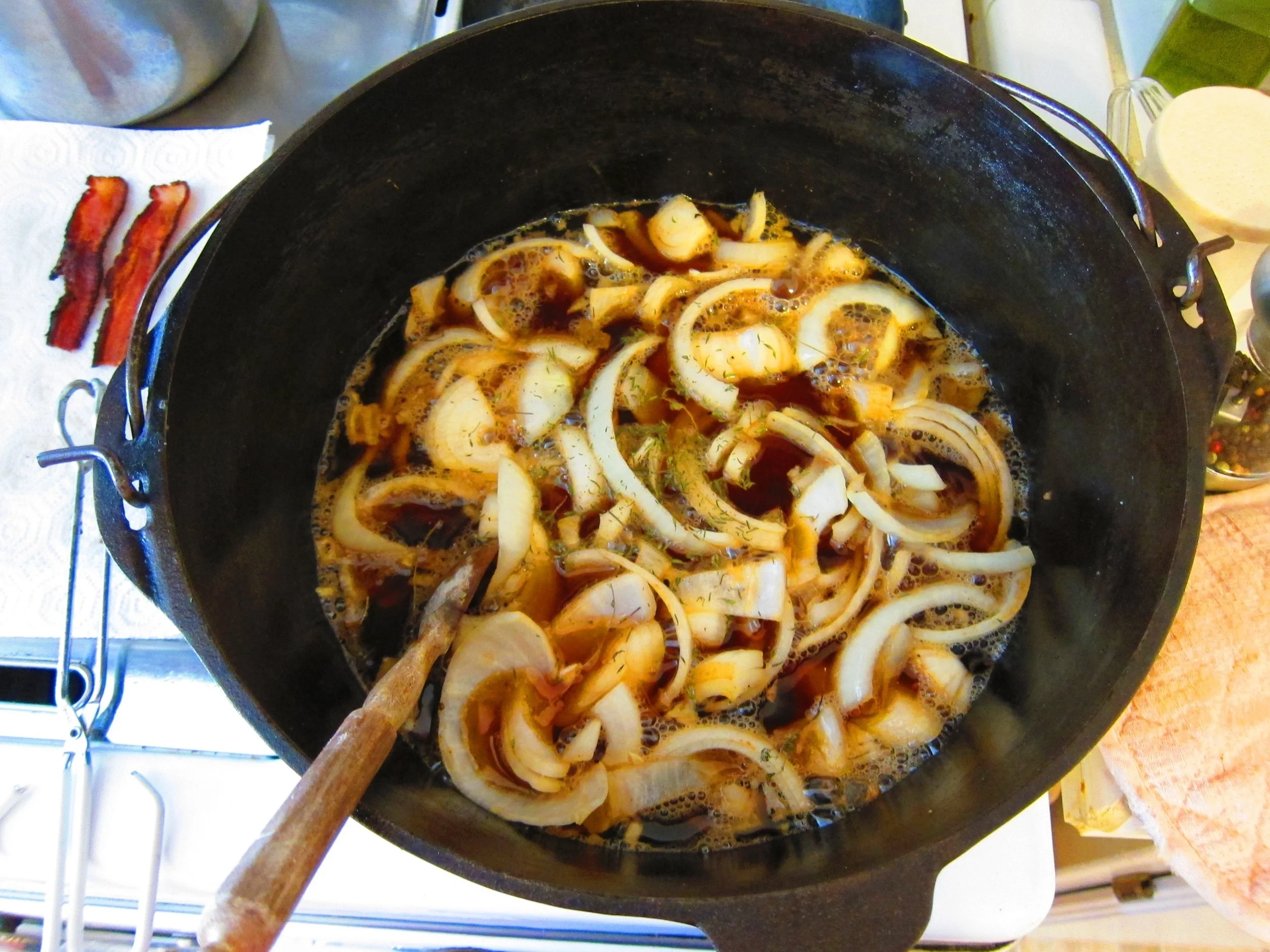 A Beef stew in it's beginning stages. What beats the smell of a pot of garlic and onions?